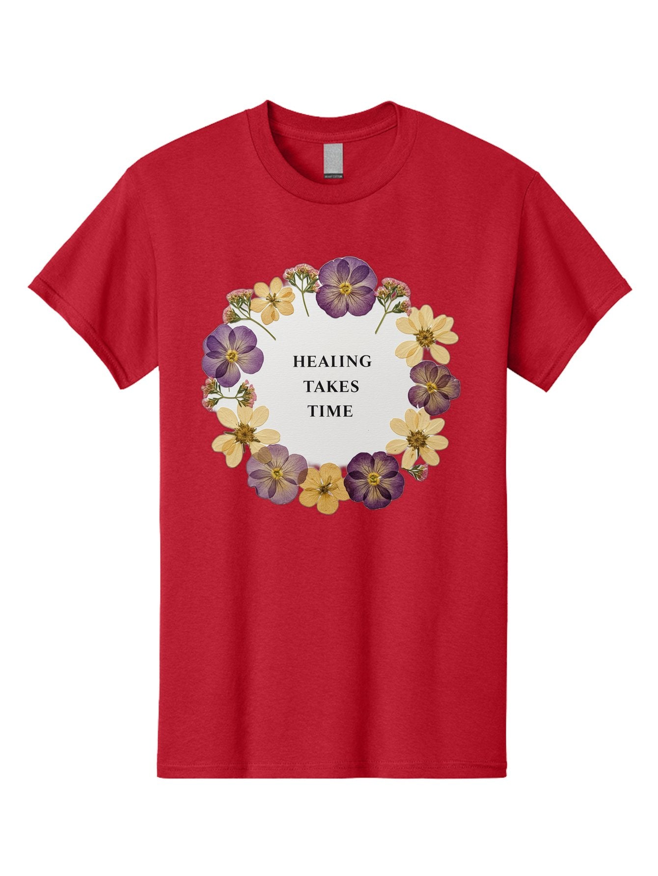Healing-Takes-Time-5 Men'S Graphic Tee, 100% Cotton, Comfortable Casual Summer Wear, Machine Washable, Healing Takes Time, Purple And Yellow Flowers, Floral Wreath, Inspirational Quote, Motivational Message, Mental Health Awareness, Self Care, Bae035 10