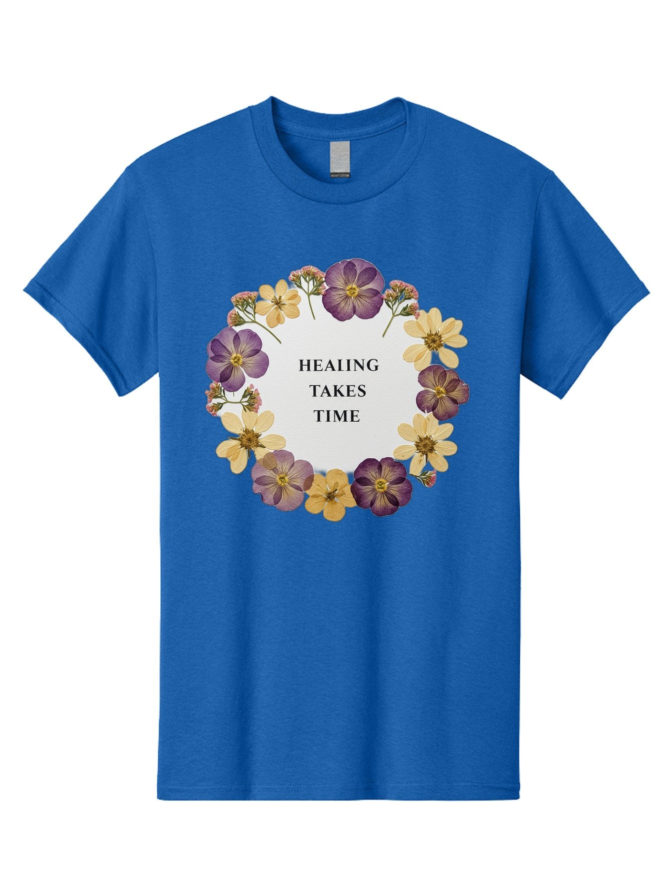 Healing-Takes-Time-5 Men'S Graphic Tee, 100% Cotton, Comfortable Casual Summer Wear, Machine Washable, Healing Takes Time, Purple And Yellow Flowers, Floral Wreath, Inspirational Quote, Motivational Message, Mental Health Awareness, Self Care, Bae035 12