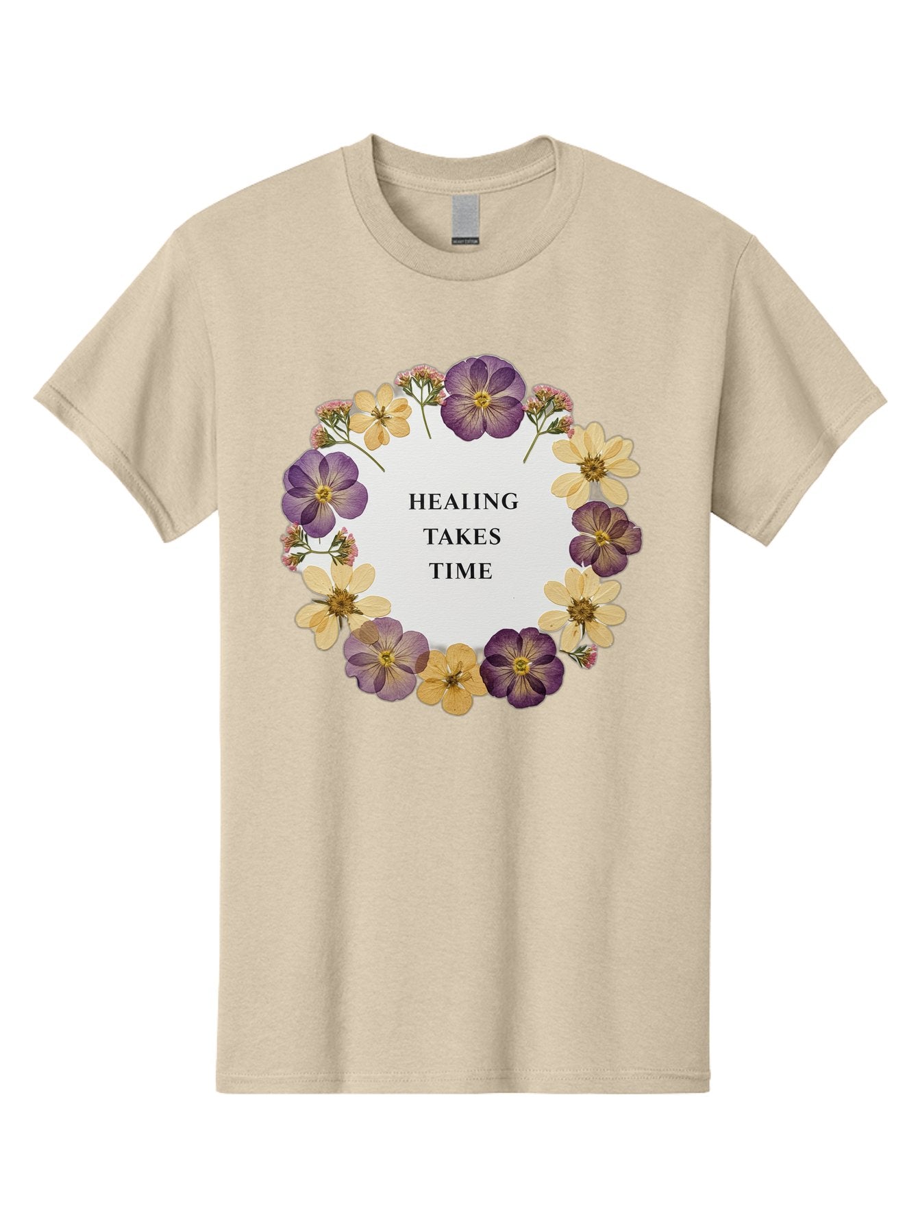 Healing-Takes-Time-5 Men'S Graphic Tee, 100% Cotton, Comfortable Casual Summer Wear, Machine Washable, Healing Takes Time, Purple And Yellow Flowers, Floral Wreath, Inspirational Quote, Motivational Message, Mental Health Awareness, Self Care, Bae035 15
