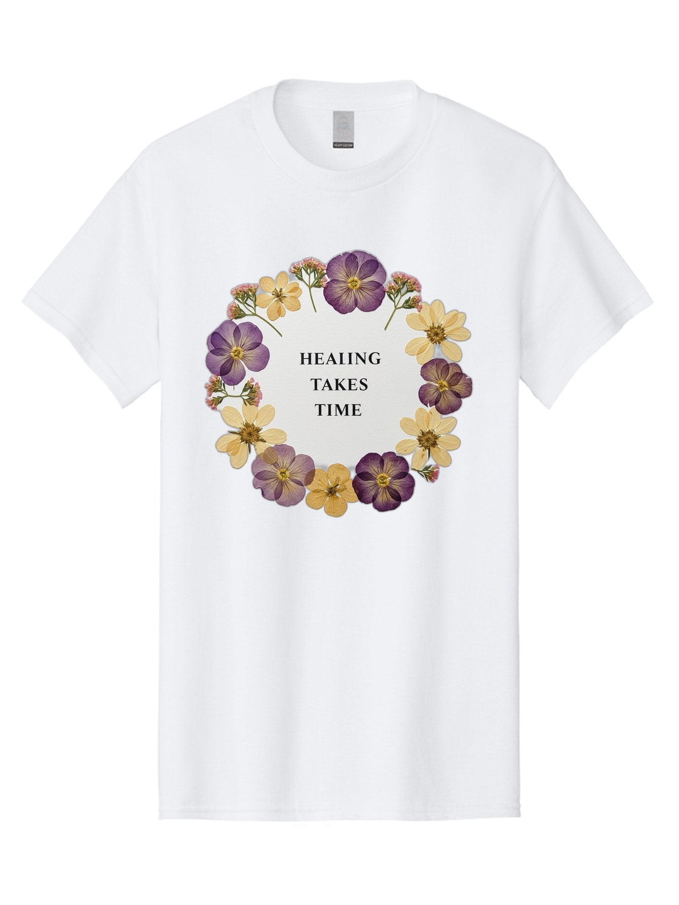 Healing-Takes-Time-5 Men'S Graphic Tee, 100% Cotton, Comfortable Casual Summer Wear, Machine Washable, Healing Takes Time, Purple And Yellow Flowers, Floral Wreath, Inspirational Quote, Motivational Message, Mental Health Awareness, Self Care, Bae035 3