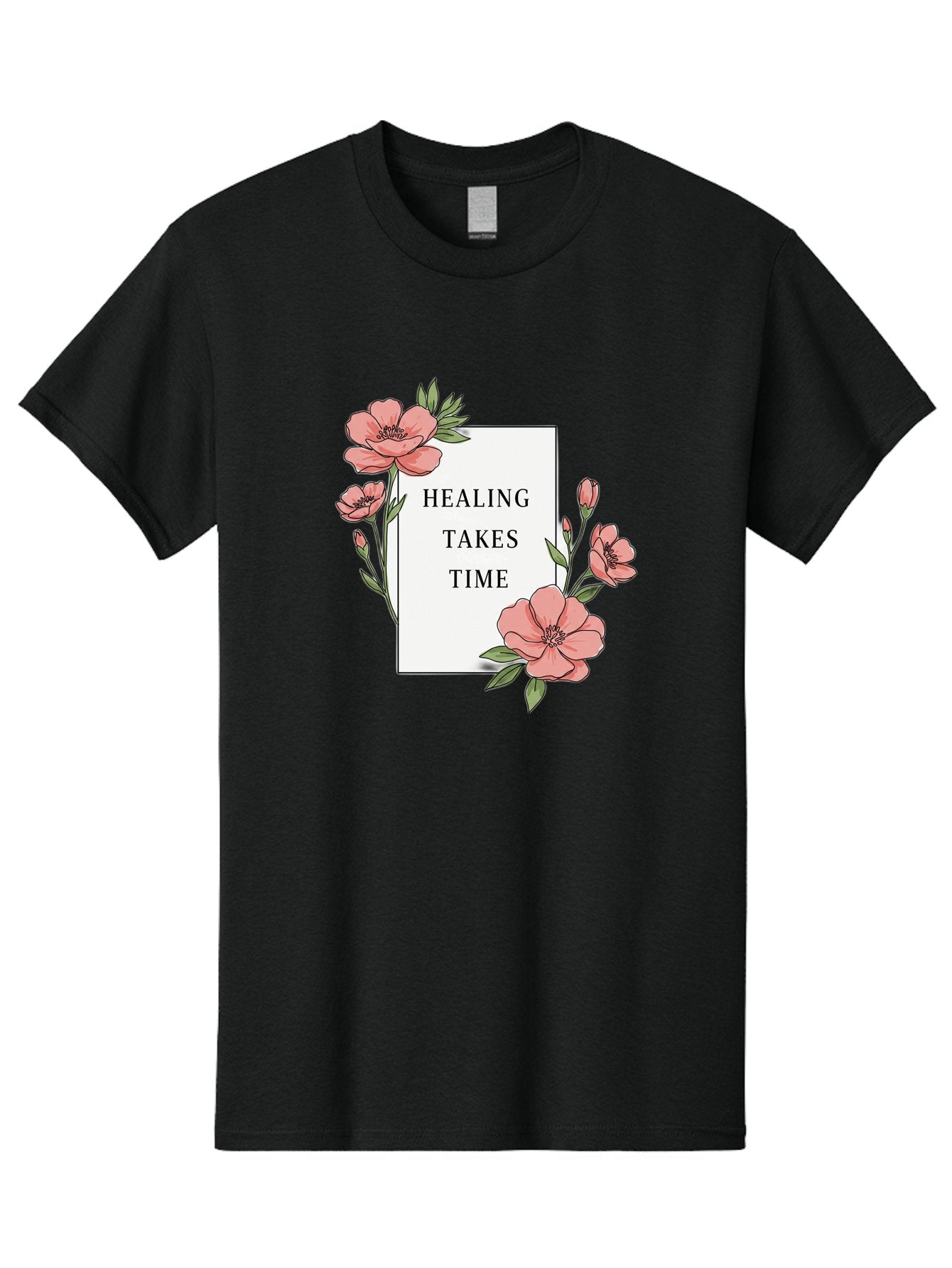 Healing-Takes-Time Men'S Graphic Tee, 100% Cotton, Comfortable Casual Summer Wear, Machine Washable, Inspirational Quote, Healing Process, Floral Illustration, Pink Flowers, Motivational Message, Self Care, Wellness, Mental Health Awareness, Bae036 4