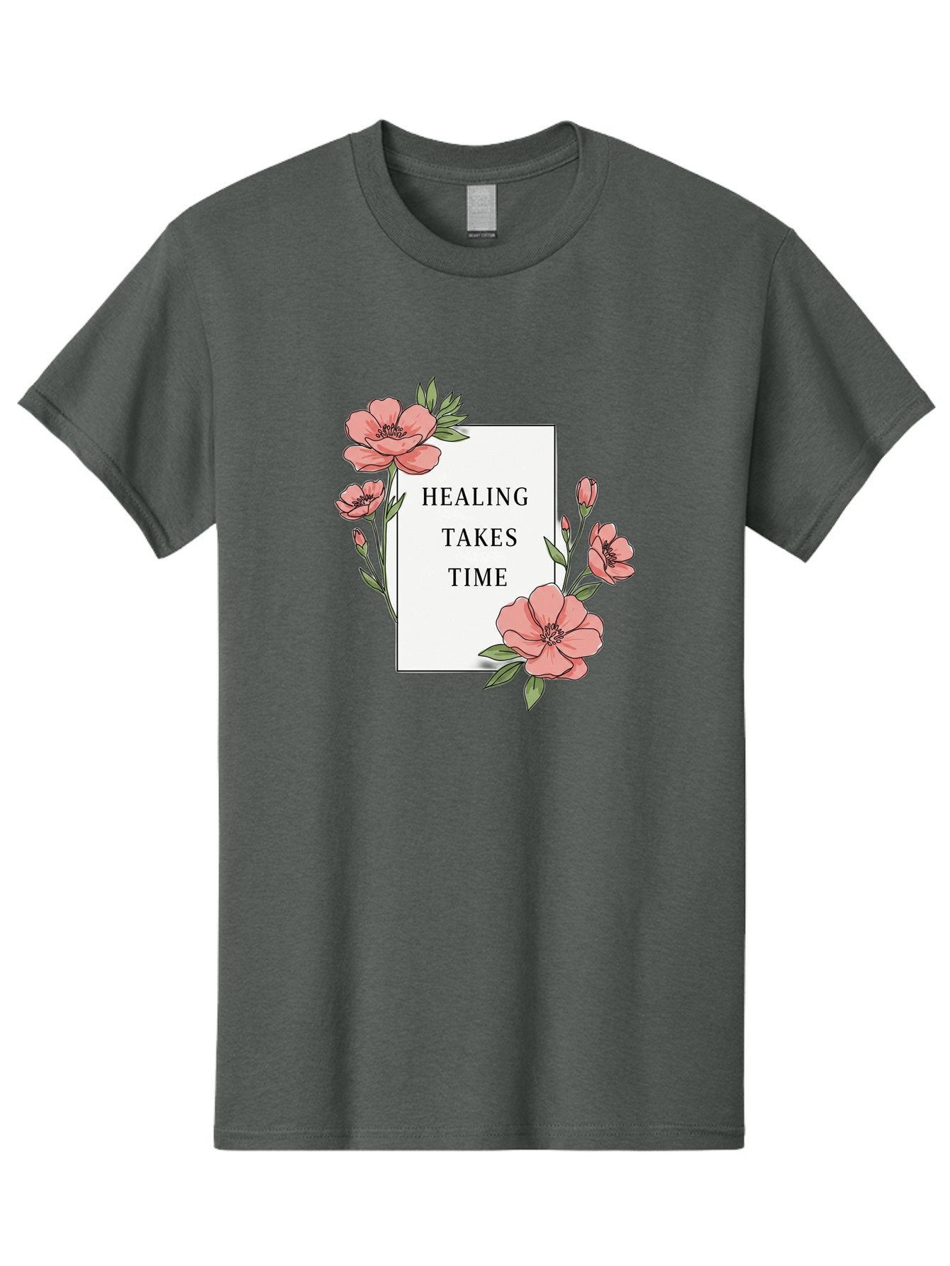 Healing-Takes-Time Men'S Graphic Tee, 100% Cotton, Comfortable Casual Summer Wear, Machine Washable, Inspirational Quote, Healing Process, Floral Illustration, Pink Flowers, Motivational Message, Self Care, Wellness, Mental Health Awareness, Bae036 5