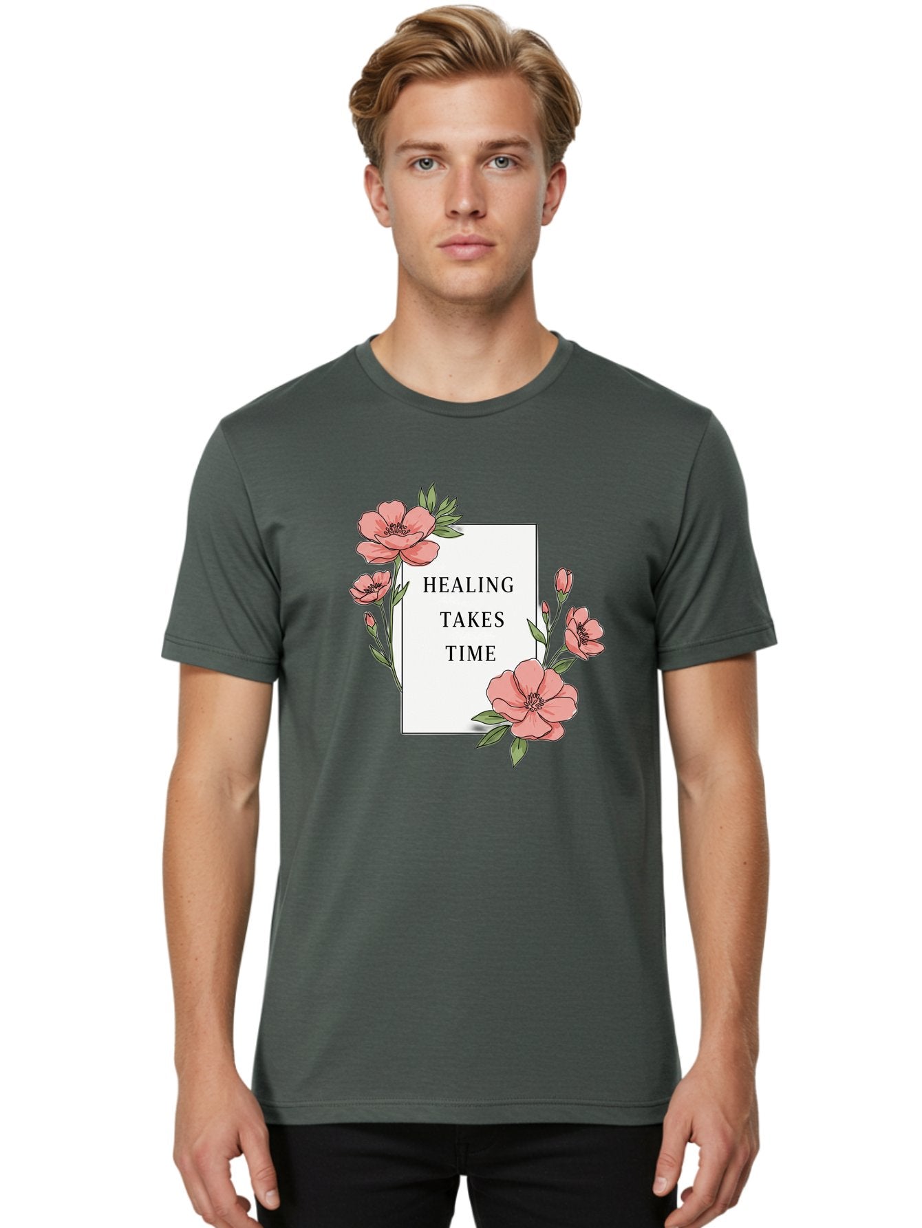 Healing-Takes-Time Men'S Graphic Tee, 100% Cotton, Comfortable Casual Summer Wear, Machine Washable, Inspirational Quote, Healing Process, Floral Illustration, Pink Flowers, Motivational Message, Self Care, Wellness, Mental Health Awareness, Bae036 23