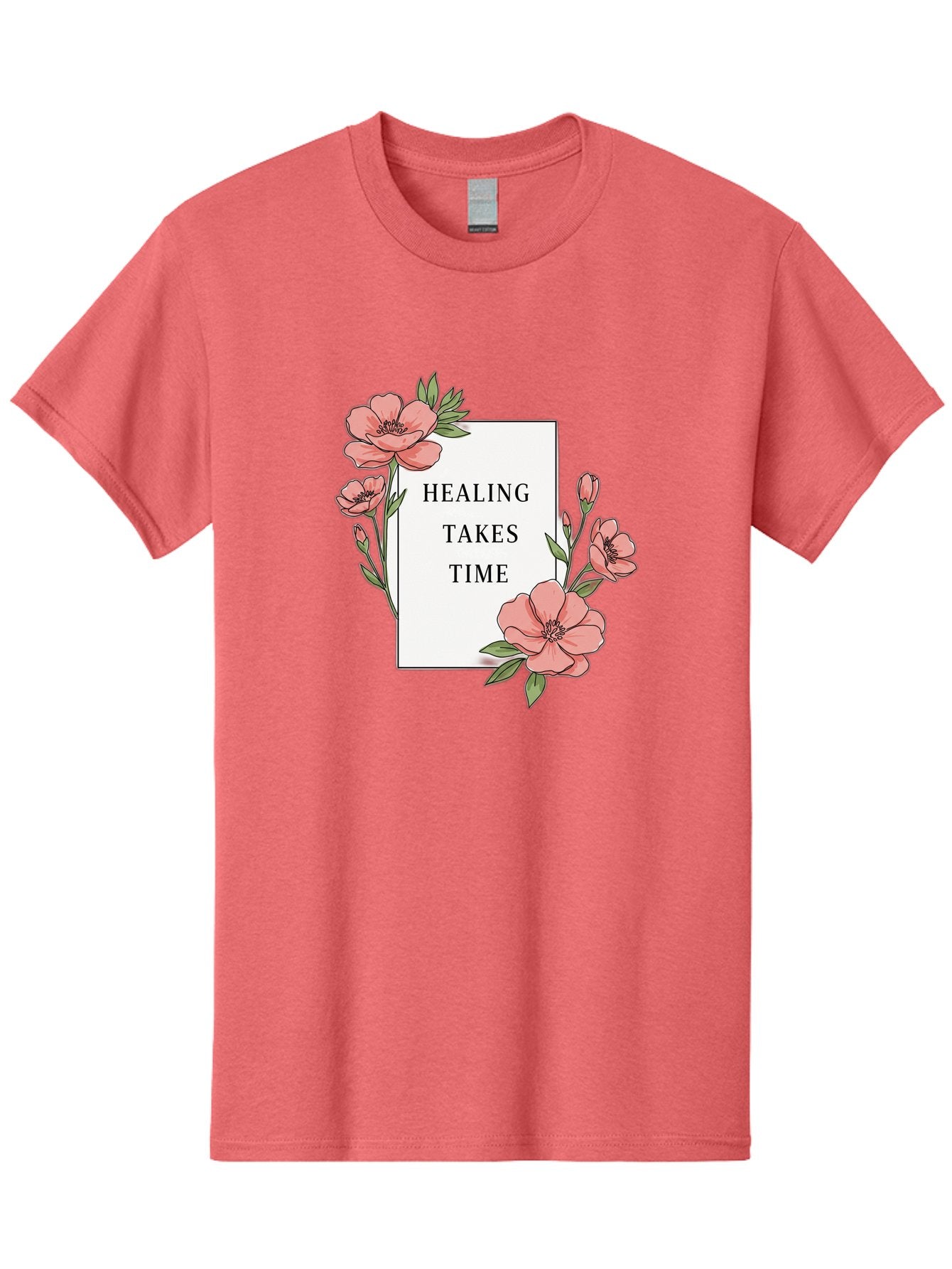 Healing-Takes-Time Men'S Graphic Tee, 100% Cotton, Comfortable Casual Summer Wear, Machine Washable, Inspirational Quote, Healing Process, Floral Illustration, Pink Flowers, Motivational Message, Self Care, Wellness, Mental Health Awareness, Bae036 15