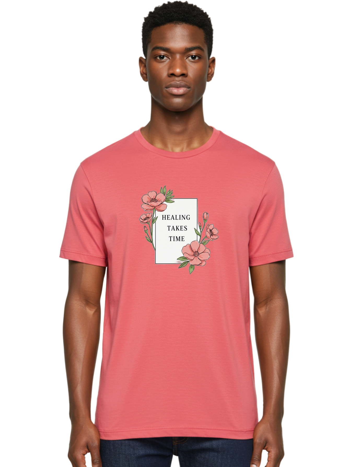 Healing-Takes-Time Men'S Graphic Tee, 100% Cotton, Comfortable Casual Summer Wear, Machine Washable, Inspirational Quote, Healing Process, Floral Illustration, Pink Flowers, Motivational Message, Self Care, Wellness, Mental Health Awareness, Bae036 16