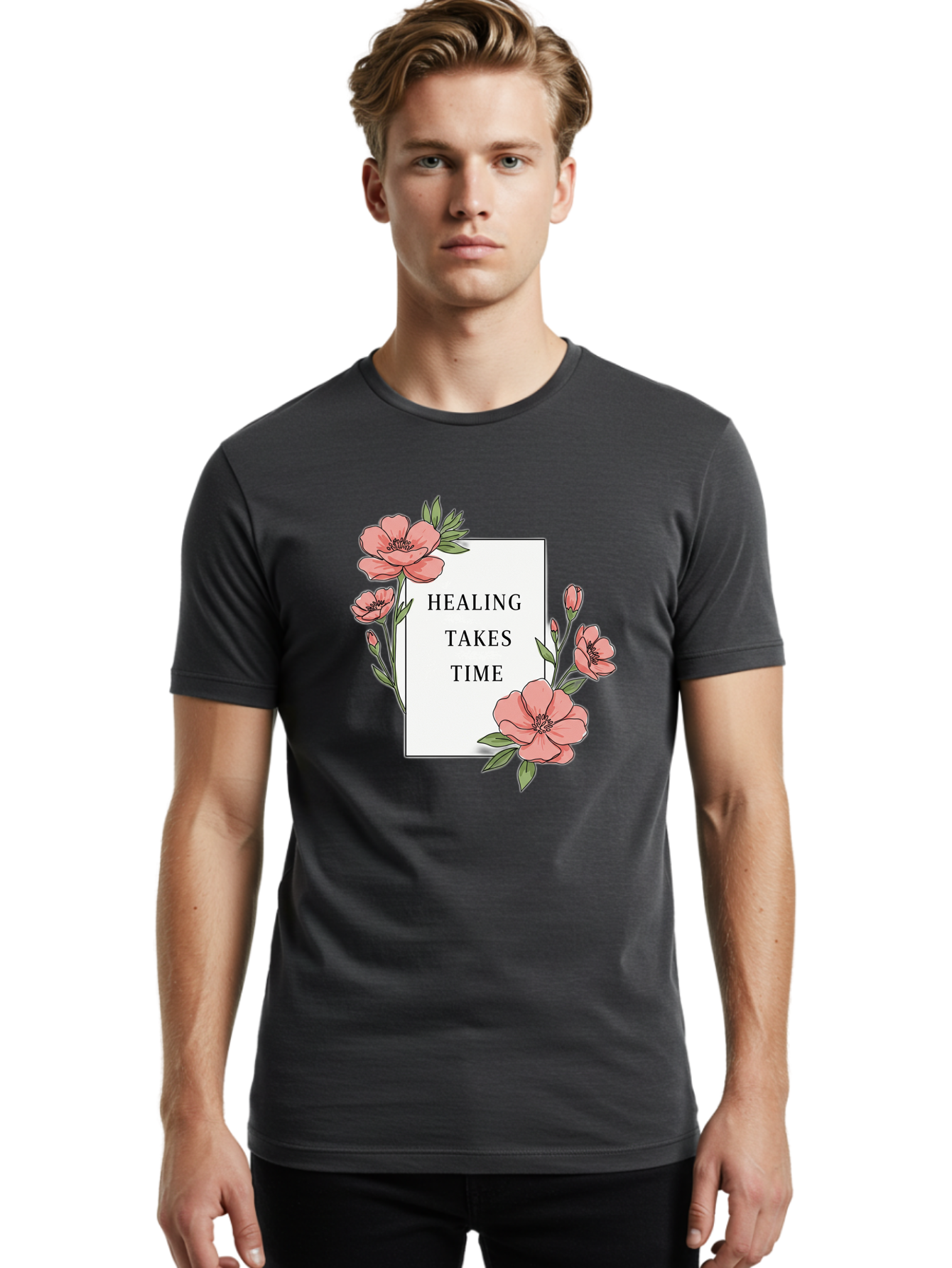 Healing-Takes-Time Men'S Graphic Tee, 100% Cotton, Comfortable Casual Summer Wear, Machine Washable, Inspirational Quote, Healing Process, Floral Illustration, Pink Flowers, Motivational Message, Self Care, Wellness, Mental Health Awareness, Bae036 26