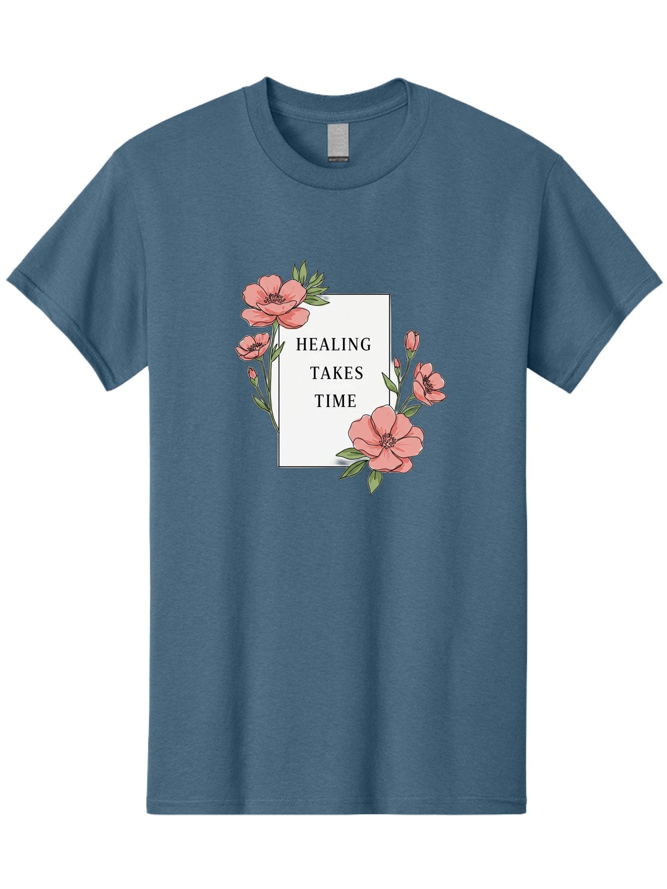 Healing-Takes-Time Men'S Graphic Tee, 100% Cotton, Comfortable Casual Summer Wear, Machine Washable, Inspirational Quote, Healing Process, Floral Illustration, Pink Flowers, Motivational Message, Self Care, Wellness, Mental Health Awareness, Bae036 13