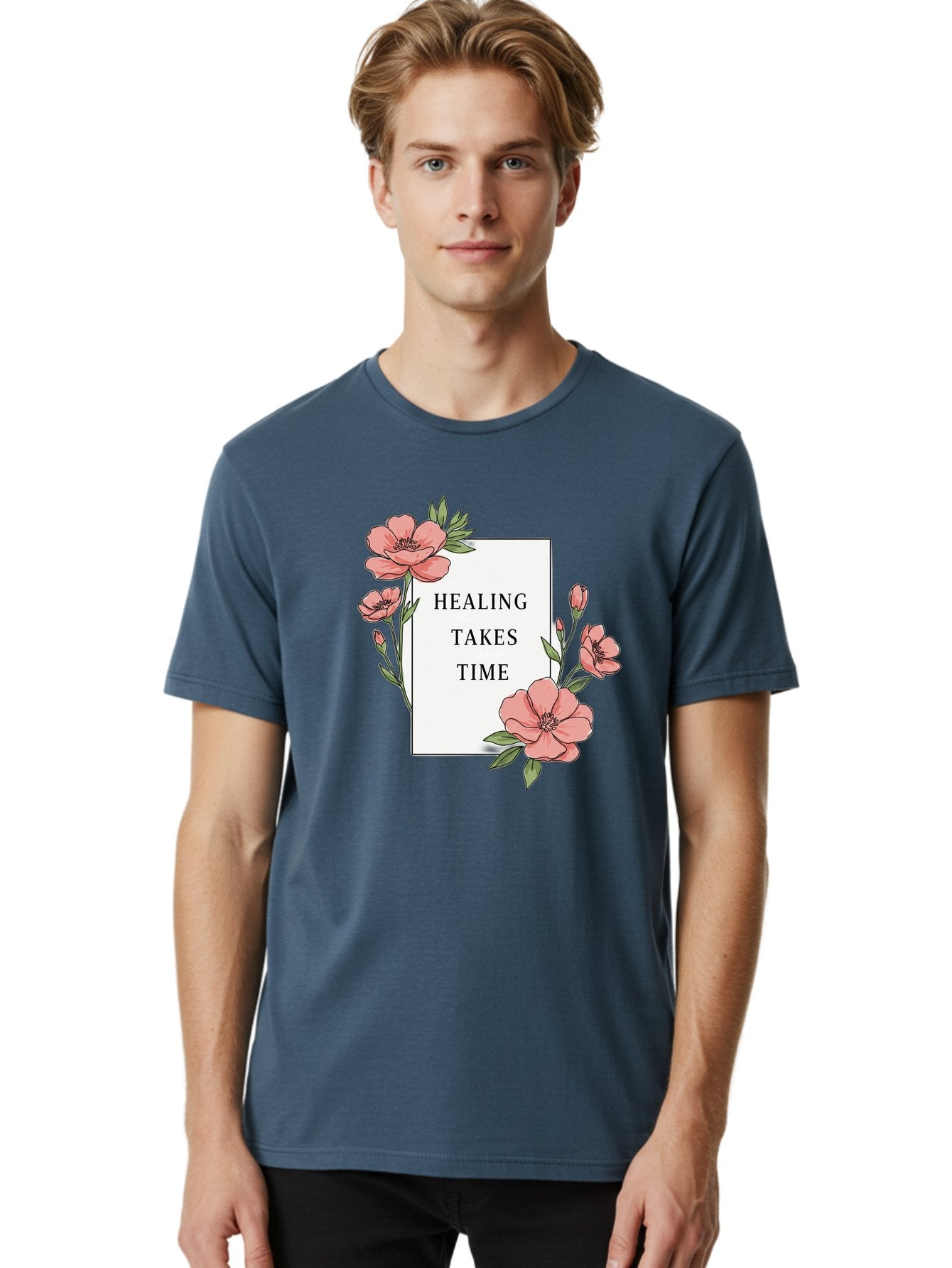 Healing-Takes-Time Men'S Graphic Tee, 100% Cotton, Comfortable Casual Summer Wear, Machine Washable, Inspirational Quote, Healing Process, Floral Illustration, Pink Flowers, Motivational Message, Self Care, Wellness, Mental Health Awareness, Bae036 20