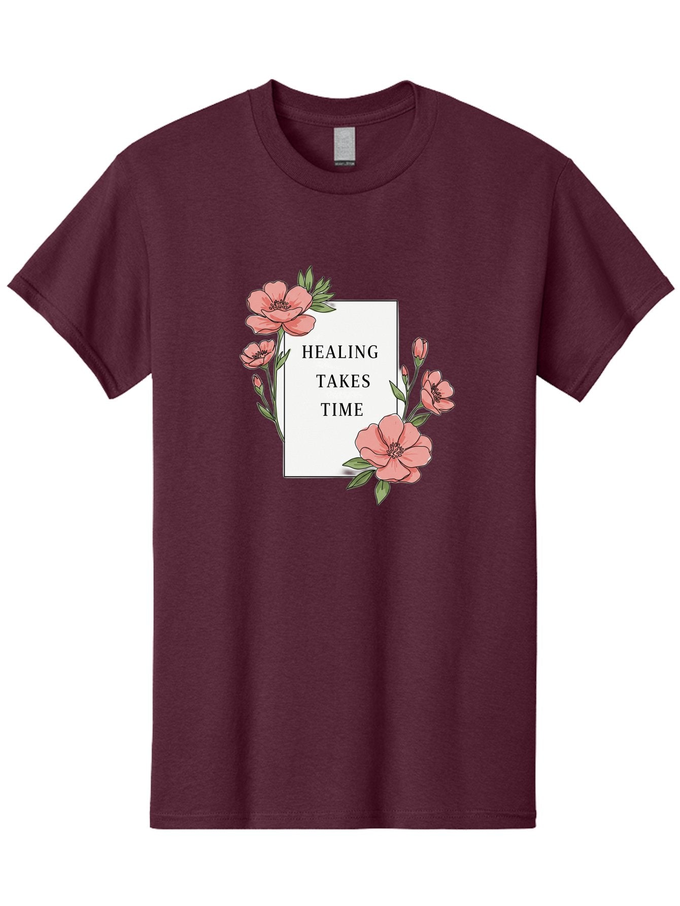 Healing-Takes-Time Men'S Graphic Tee, 100% Cotton, Comfortable Casual Summer Wear, Machine Washable, Inspirational Quote, Healing Process, Floral Illustration, Pink Flowers, Motivational Message, Self Care, Wellness, Mental Health Awareness, Bae036 10