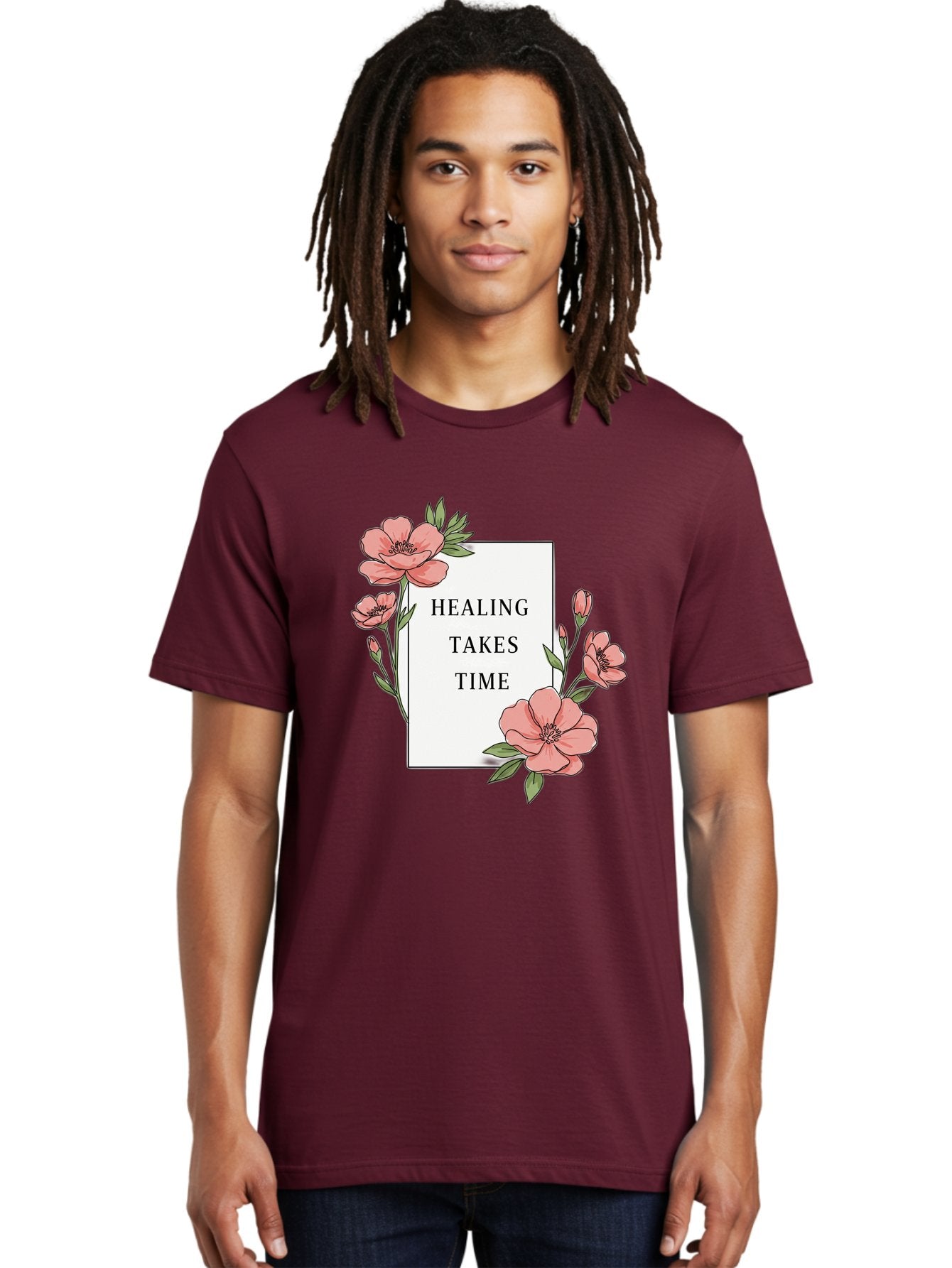 Healing-Takes-Time Men'S Graphic Tee, 100% Cotton, Comfortable Casual Summer Wear, Machine Washable, Inspirational Quote, Healing Process, Floral Illustration, Pink Flowers, Motivational Message, Self Care, Wellness, Mental Health Awareness, Bae036 17