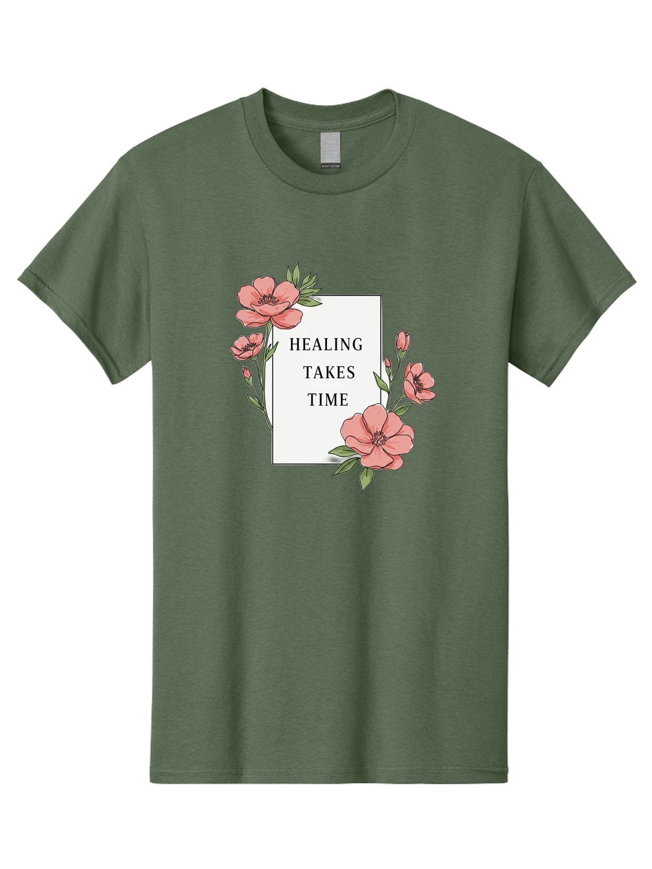 Healing-Takes-Time Men'S Graphic Tee, 100% Cotton, Comfortable Casual Summer Wear, Machine Washable, Inspirational Quote, Healing Process, Floral Illustration, Pink Flowers, Motivational Message, Self Care, Wellness, Mental Health Awareness, Bae036 11