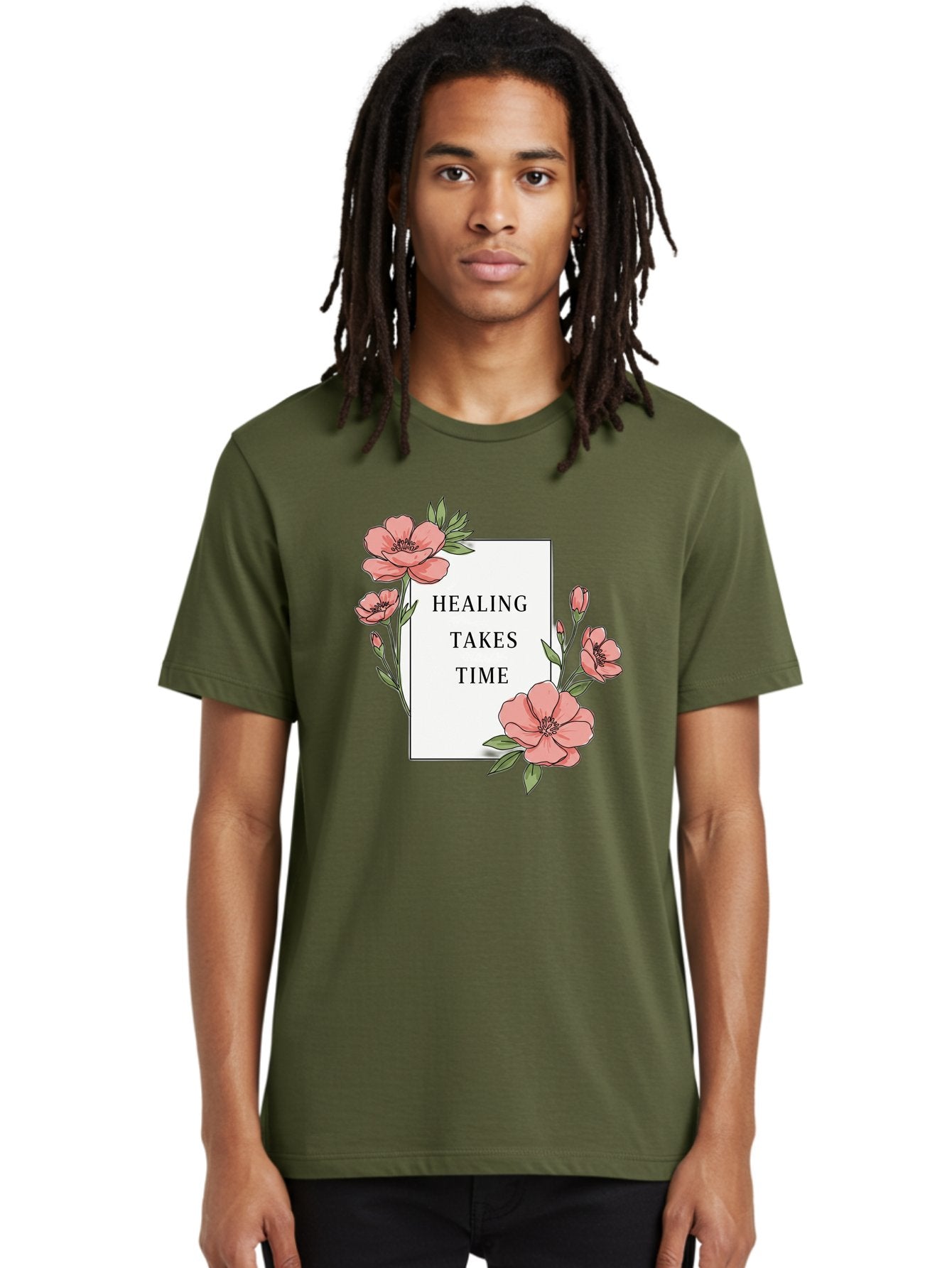Healing-Takes-Time Men'S Graphic Tee, 100% Cotton, Comfortable Casual Summer Wear, Machine Washable, Inspirational Quote, Healing Process, Floral Illustration, Pink Flowers, Motivational Message, Self Care, Wellness, Mental Health Awareness, Bae036 27