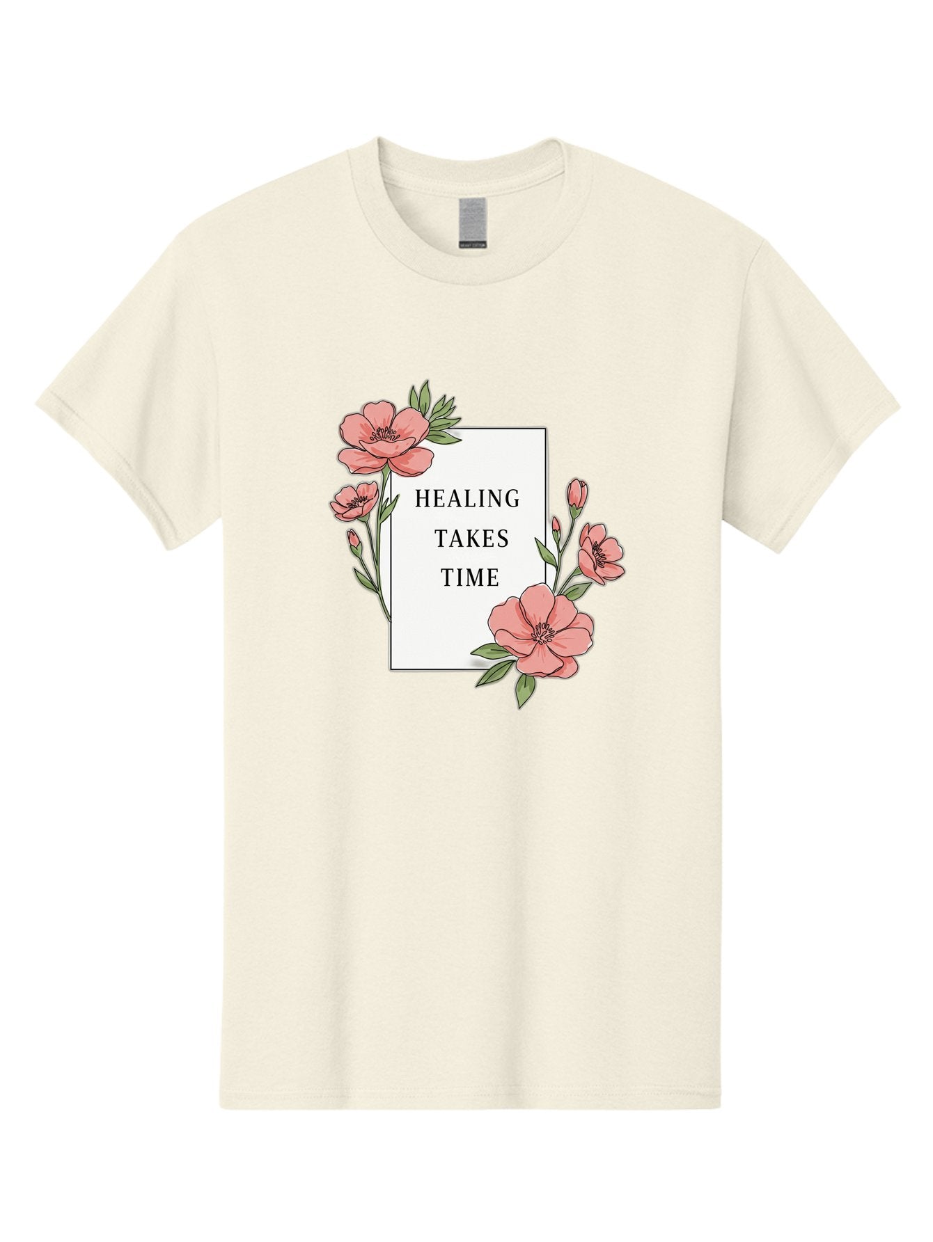 Healing-Takes-Time Men'S Graphic Tee, 100% Cotton, Comfortable Casual Summer Wear, Machine Washable, Inspirational Quote, Healing Process, Floral Illustration, Pink Flowers, Motivational Message, Self Care, Wellness, Mental Health Awareness, Bae036 3