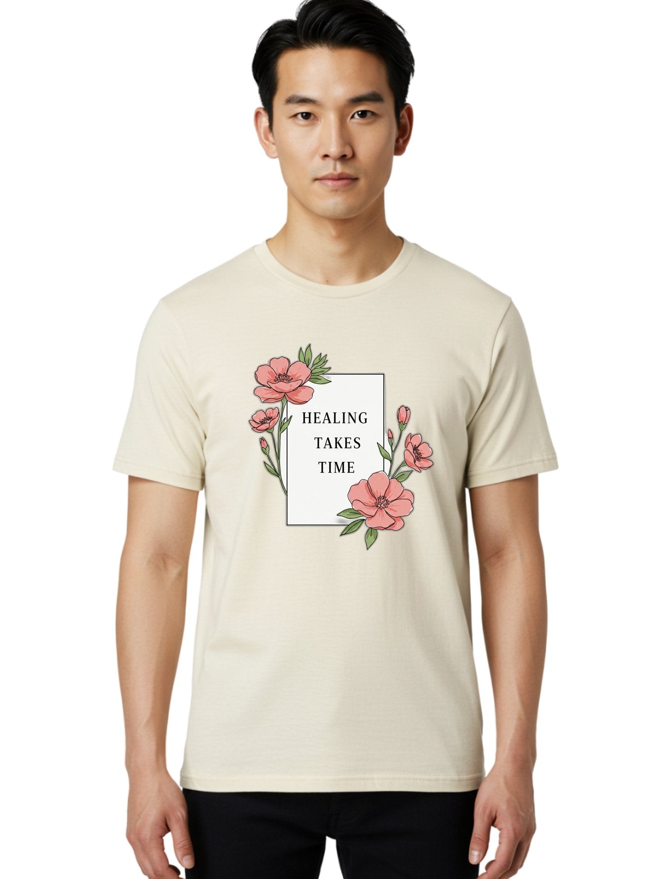 Healing-Takes-Time Men'S Graphic Tee, 100% Cotton, Comfortable Casual Summer Wear, Machine Washable, Inspirational Quote, Healing Process, Floral Illustration, Pink Flowers, Motivational Message, Self Care, Wellness, Mental Health Awareness, Bae036 22