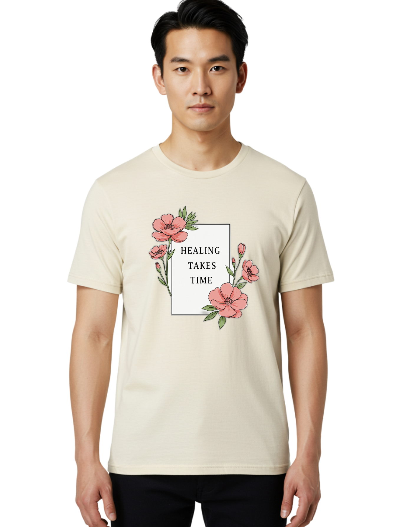 Healing-Takes-Time Men'S Graphic Tee, 100% Cotton, Comfortable Casual Summer Wear, Machine Washable, Inspirational Quote, Healing Process, Floral Illustration, Pink Flowers, Motivational Message, Self Care, Wellness, Mental Health Awareness, Bae036 24