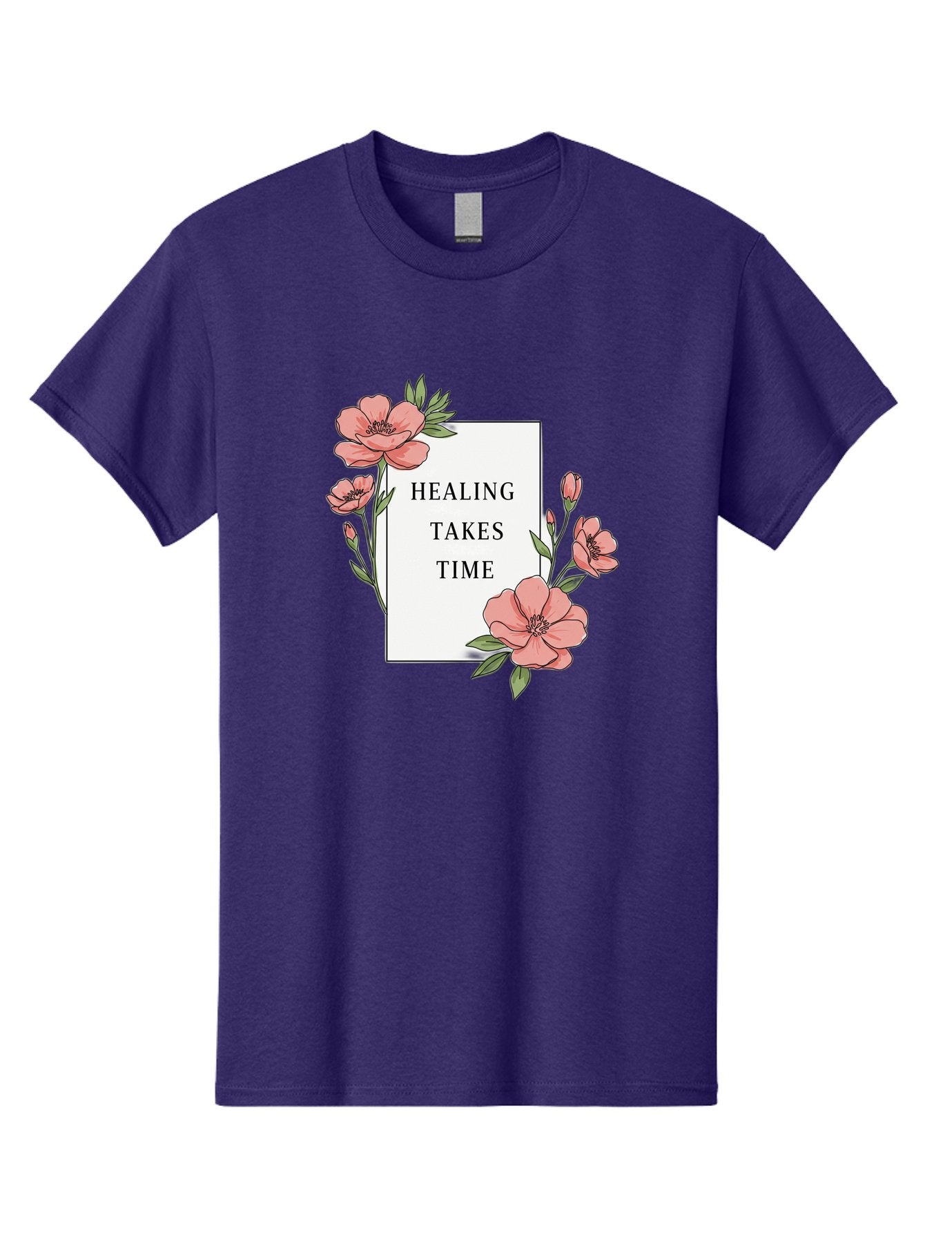 Healing-Takes-Time Men'S Graphic Tee, 100% Cotton, Comfortable Casual Summer Wear, Machine Washable, Inspirational Quote, Healing Process, Floral Illustration, Pink Flowers, Motivational Message, Self Care, Wellness, Mental Health Awareness, Bae036 7