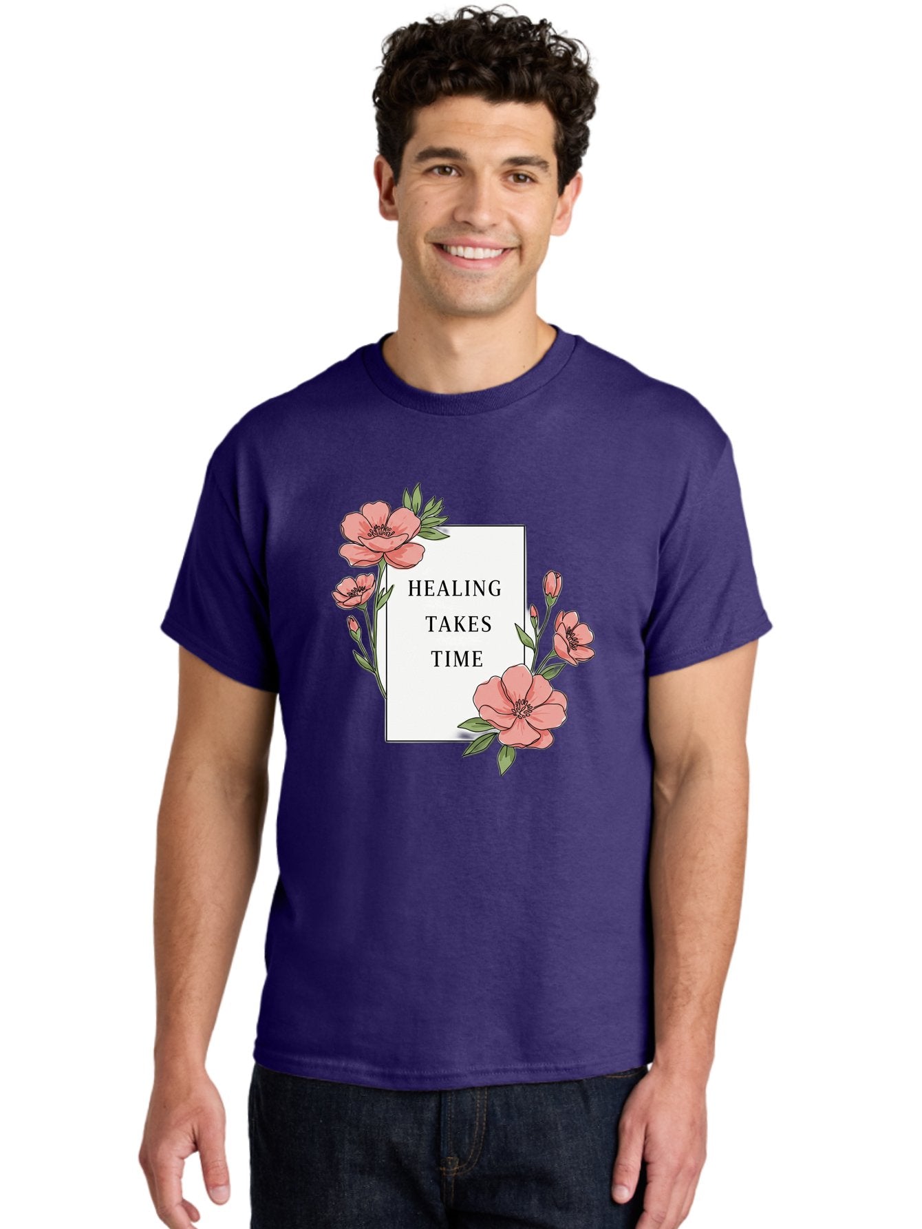 Healing-Takes-Time Men'S Graphic Tee, 100% Cotton, Comfortable Casual Summer Wear, Machine Washable, Inspirational Quote, Healing Process, Floral Illustration, Pink Flowers, Motivational Message, Self Care, Wellness, Mental Health Awareness, Bae036 16