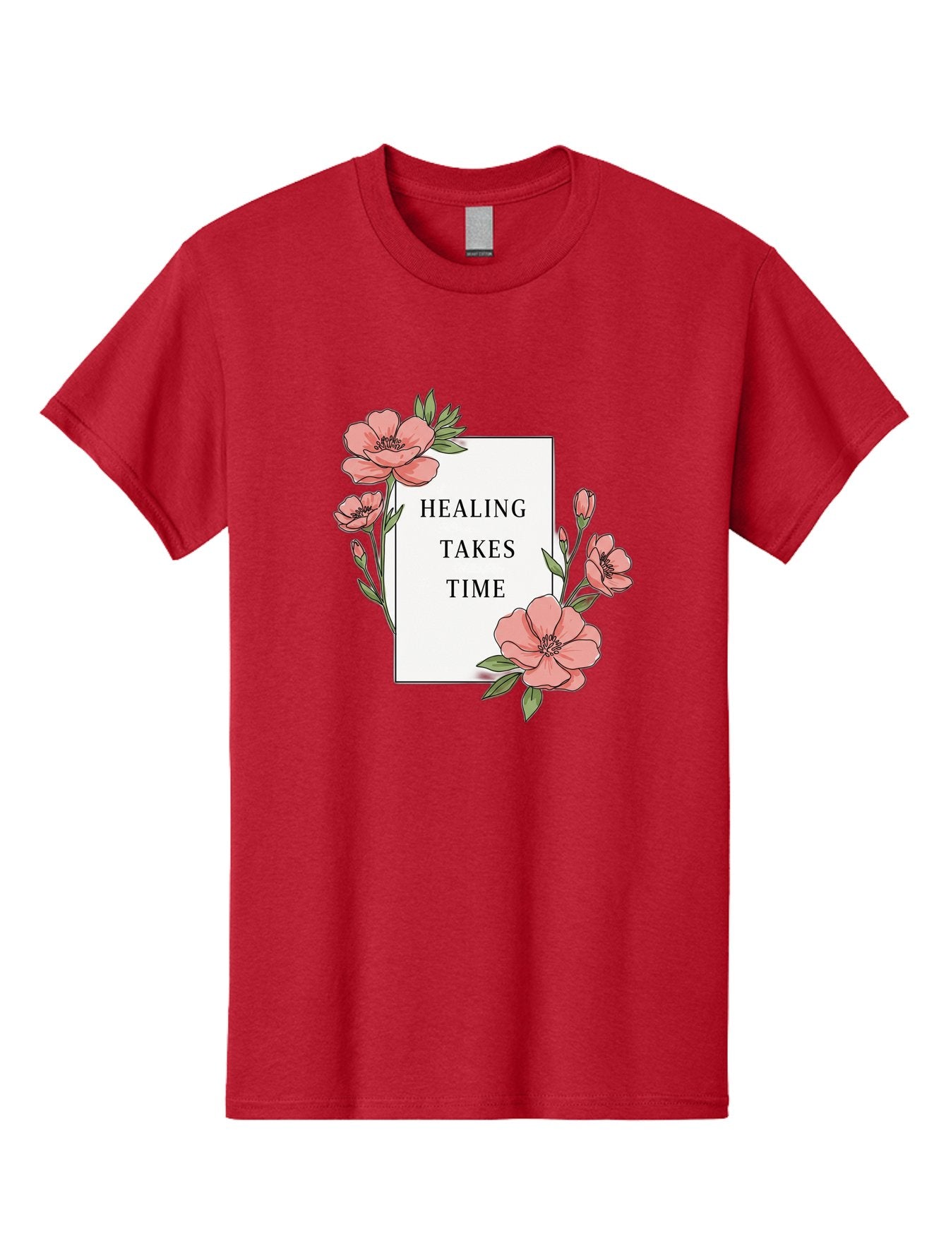 Healing-Takes-Time Men'S Graphic Tee, 100% Cotton, Comfortable Casual Summer Wear, Machine Washable, Inspirational Quote, Healing Process, Floral Illustration, Pink Flowers, Motivational Message, Self Care, Wellness, Mental Health Awareness, Bae036 12