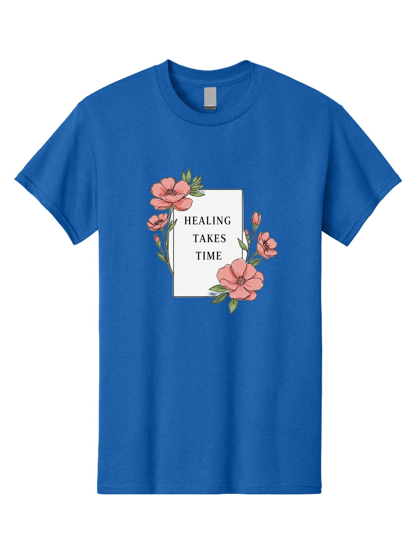 Healing-Takes-Time Men'S Graphic Tee, 100% Cotton, Comfortable Casual Summer Wear, Machine Washable, Inspirational Quote, Healing Process, Floral Illustration, Pink Flowers, Motivational Message, Self Care, Wellness, Mental Health Awareness, Bae036 8