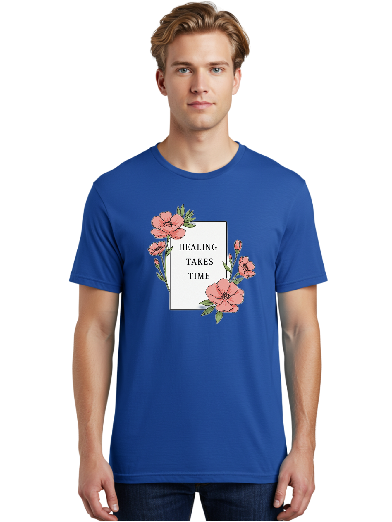 Healing-Takes-Time Men'S Graphic Tee, 100% Cotton, Comfortable Casual Summer Wear, Machine Washable, Inspirational Quote, Healing Process, Floral Illustration, Pink Flowers, Motivational Message, Self Care, Wellness, Mental Health Awareness, Bae036 21