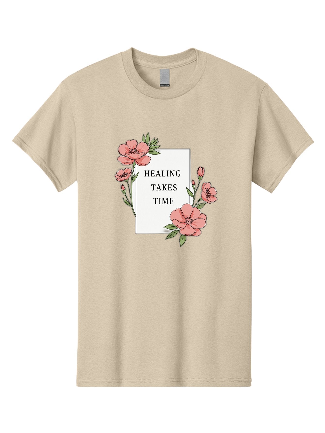 Healing-Takes-Time Men'S Graphic Tee, 100% Cotton, Comfortable Casual Summer Wear, Machine Washable, Inspirational Quote, Healing Process, Floral Illustration, Pink Flowers, Motivational Message, Self Care, Wellness, Mental Health Awareness, Bae036 14