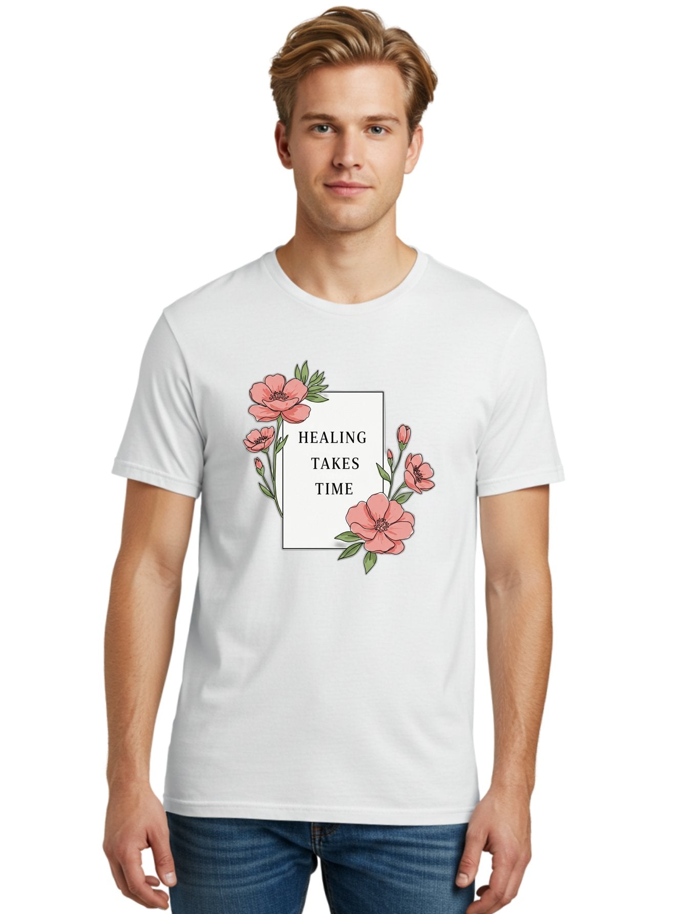 Healing-Takes-Time Men'S Graphic Tee, 100% Cotton, Comfortable Casual Summer Wear, Machine Washable, Inspirational Quote, Healing Process, Floral Illustration, Pink Flowers, Motivational Message, Self Care, Wellness, Mental Health Awareness, Bae036 26