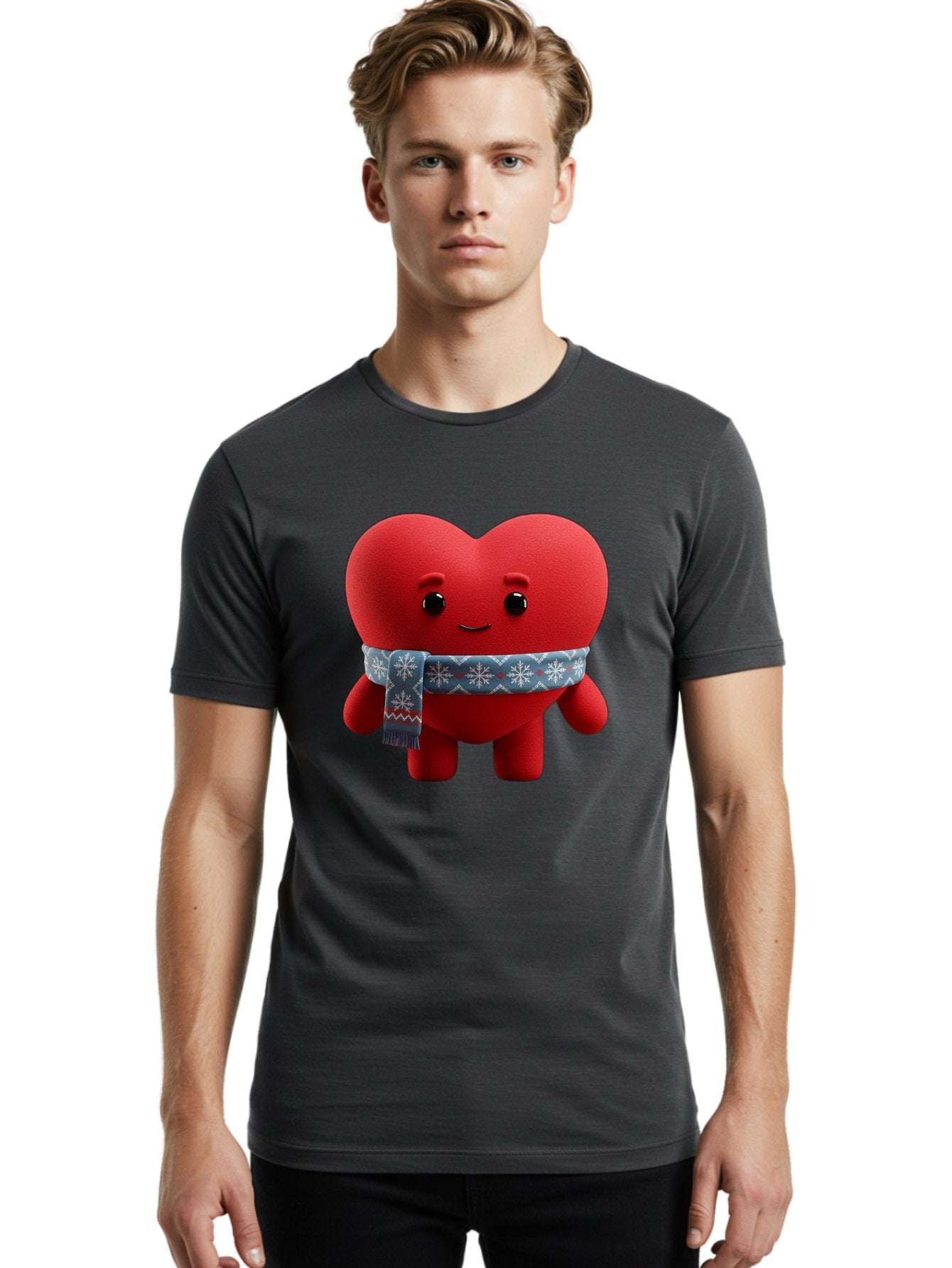 Heart-Character-2 Men'S Graphic Tee, 100% Cotton, Comfortable Casual Summer Wear, Machine Washable, Heart Character, Red Heart, Snowflake Scarf, Winter Theme, Cute Character, Love Symbol, Festive Design, Cartoon Heart, Smiling Face Bae038 28