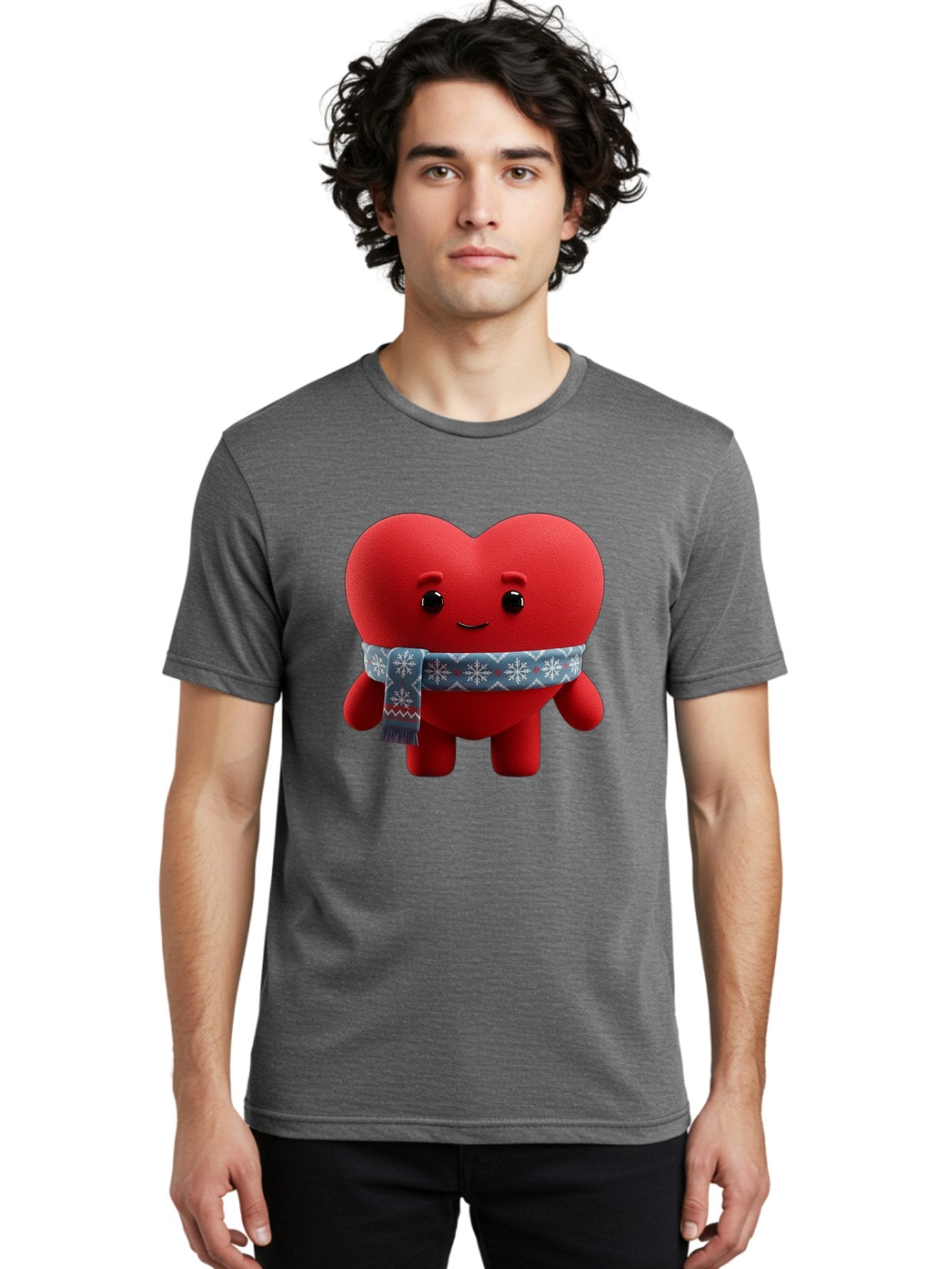 Heart-Character-2 Men'S Graphic Tee, 100% Cotton, Comfortable Casual Summer Wear, Machine Washable, Heart Character, Red Heart, Snowflake Scarf, Winter Theme, Cute Character, Love Symbol, Festive Design, Cartoon Heart, Smiling Face Bae038 30