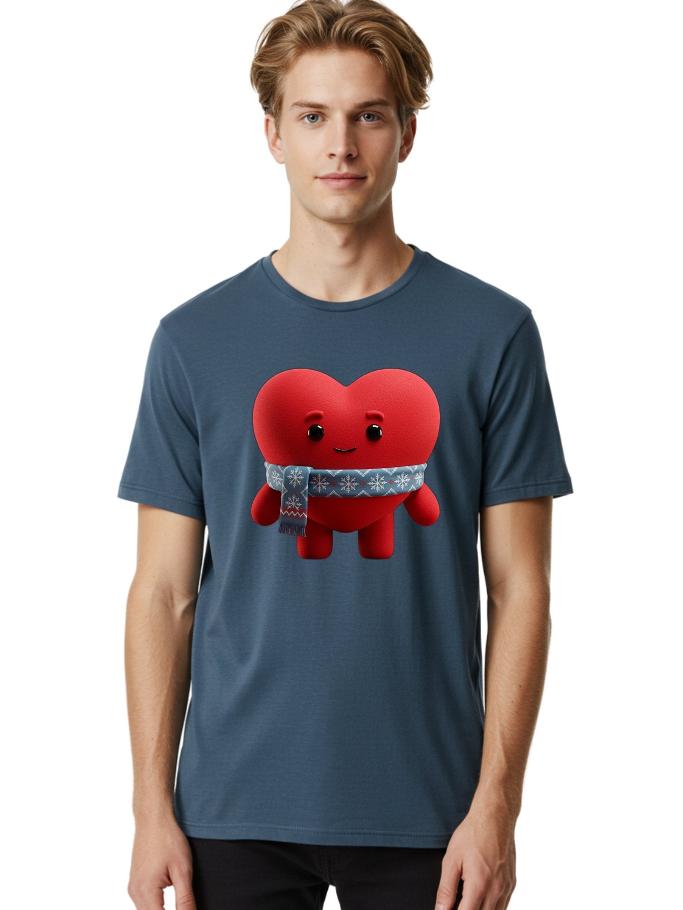 Heart-Character-2 Men'S Graphic Tee, 100% Cotton, Comfortable Casual Summer Wear, Machine Washable, Heart Character, Red Heart, Snowflake Scarf, Winter Theme, Cute Character, Love Symbol, Festive Design, Cartoon Heart, Smiling Face Bae038 29