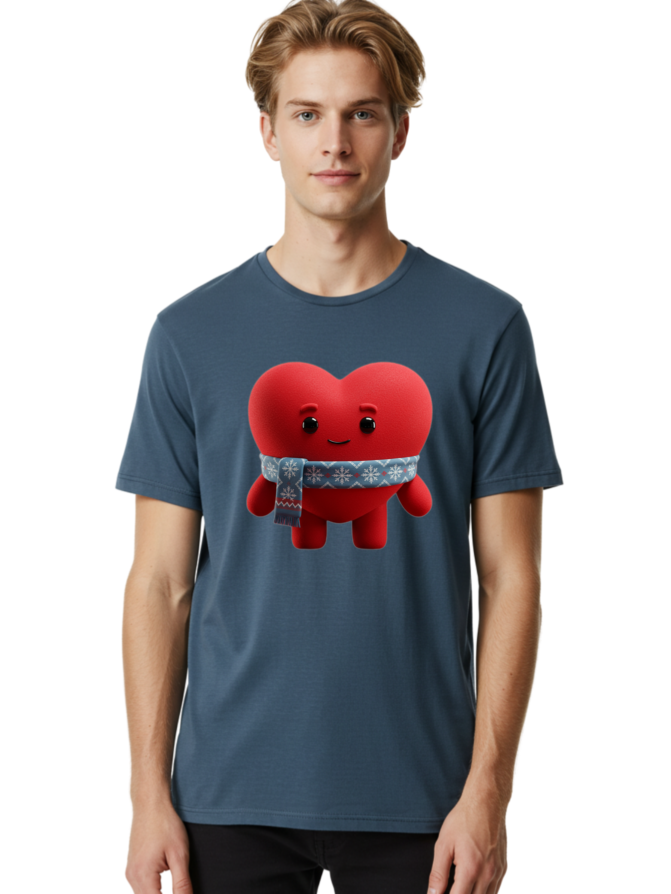 Heart-Character-2 Men'S Graphic Tee, 100% Cotton, Comfortable Casual Summer Wear, Machine Washable, Heart Character, Red Heart, Snowflake Scarf, Winter Theme, Cute Character, Love Symbol, Festive Design, Cartoon Heart, Smiling Face Bae038 17