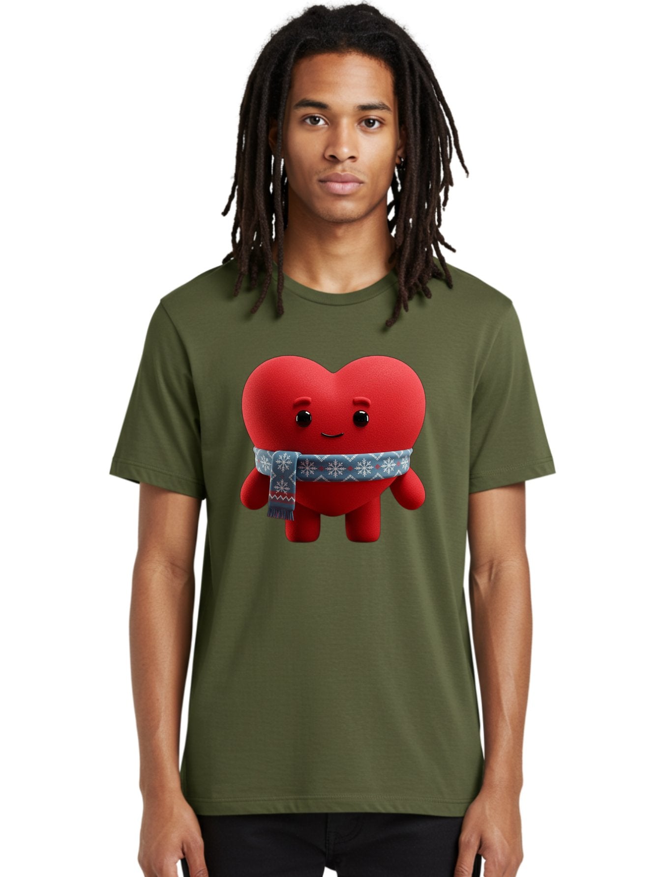 Heart-Character-2 Men'S Graphic Tee, 100% Cotton, Comfortable Casual Summer Wear, Machine Washable, Heart Character, Red Heart, Snowflake Scarf, Winter Theme, Cute Character, Love Symbol, Festive Design, Cartoon Heart, Smiling Face Bae038 18