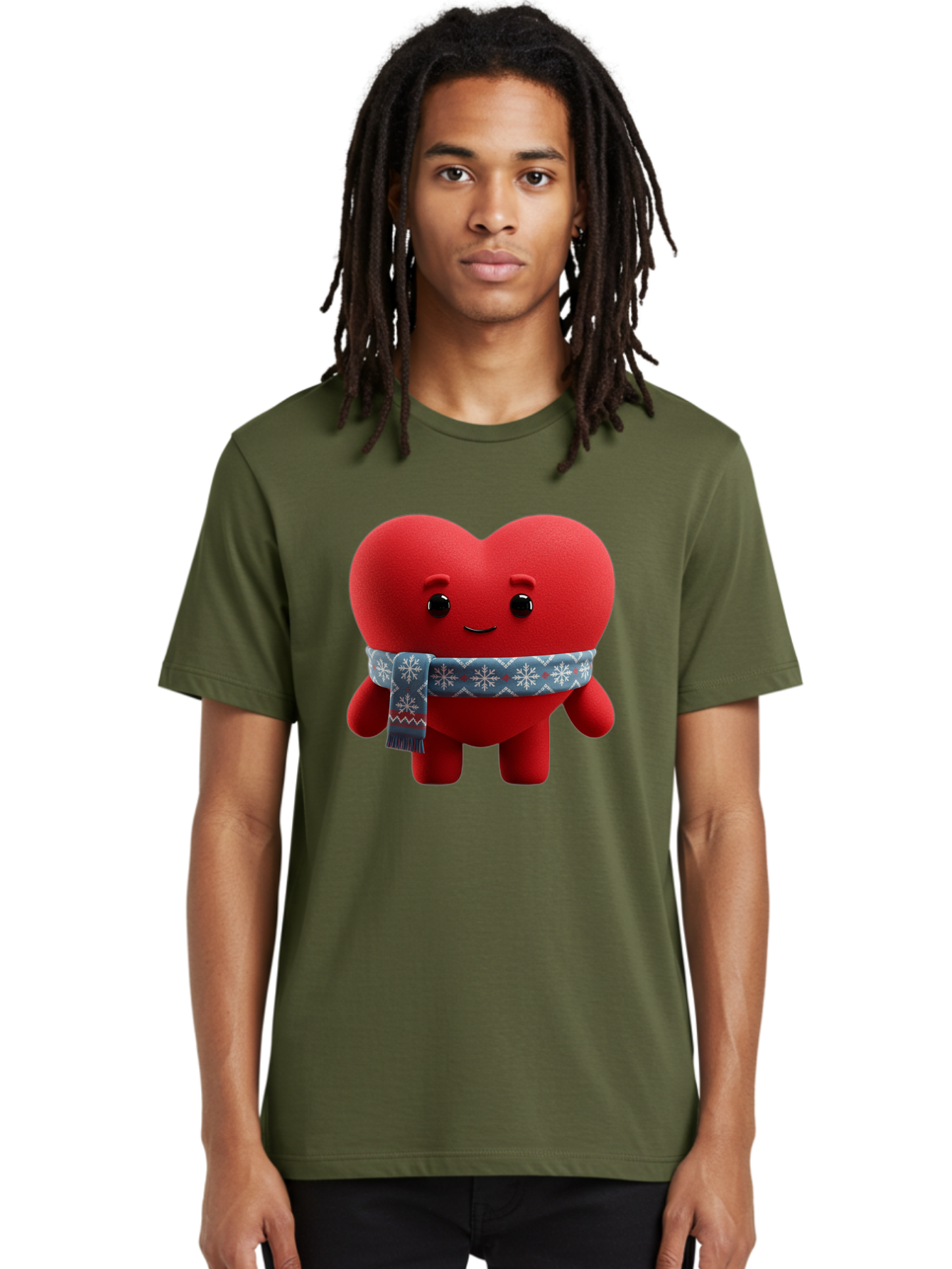 Heart-Character-2 Men'S Graphic Tee, 100% Cotton, Comfortable Casual Summer Wear, Machine Washable, Heart Character, Red Heart, Snowflake Scarf, Winter Theme, Cute Character, Love Symbol, Festive Design, Cartoon Heart, Smiling Face Bae038 27