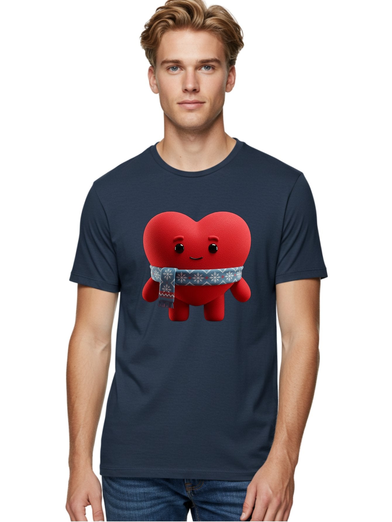 Heart-Character-2 Men'S Graphic Tee, 100% Cotton, Comfortable Casual Summer Wear, Machine Washable, Heart Character, Red Heart, Snowflake Scarf, Winter Theme, Cute Character, Love Symbol, Festive Design, Cartoon Heart, Smiling Face Bae038 24