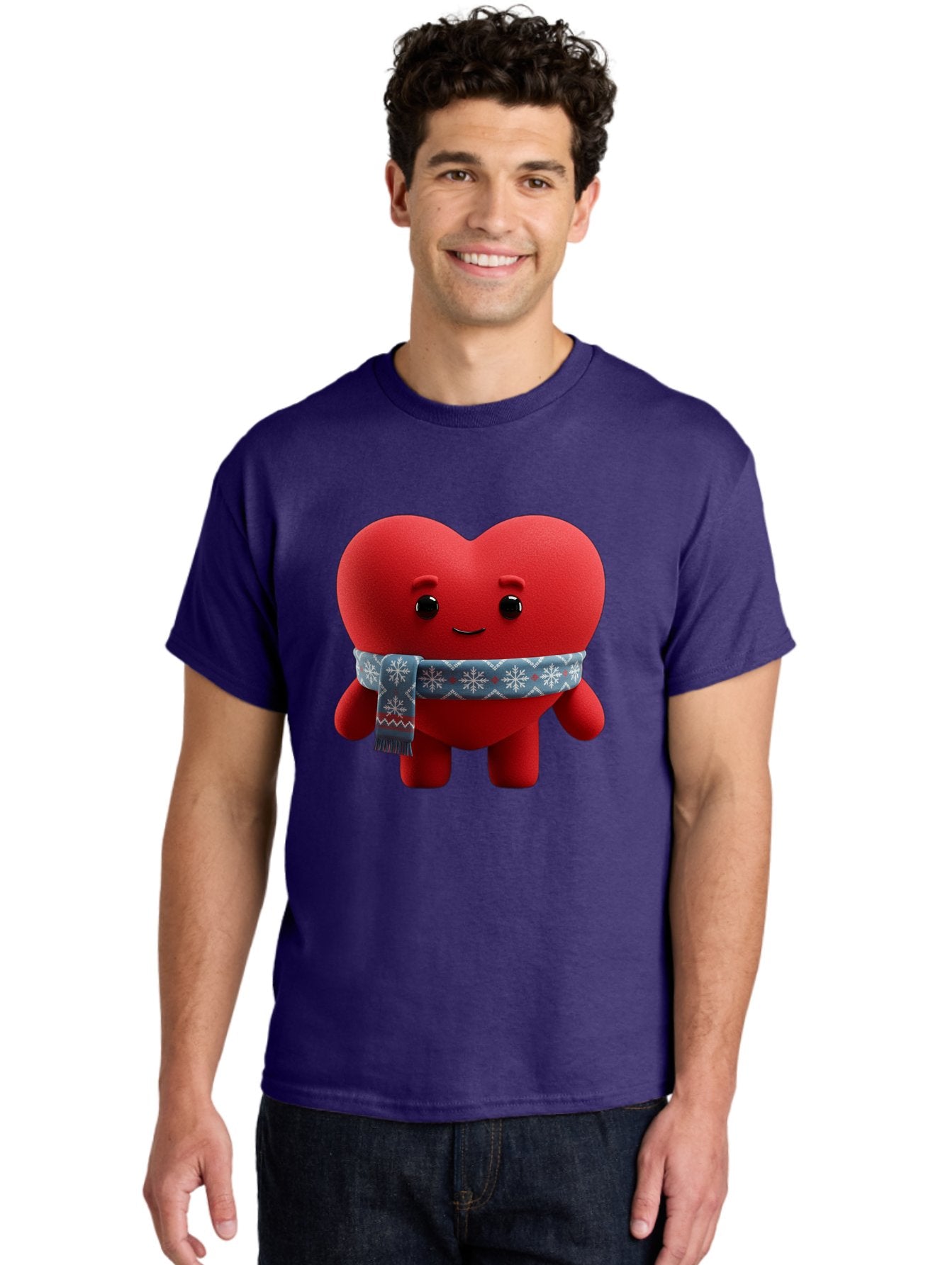 Heart-Character-2 Men'S Graphic Tee, 100% Cotton, Comfortable Casual Summer Wear, Machine Washable, Heart Character, Red Heart, Snowflake Scarf, Winter Theme, Cute Character, Love Symbol, Festive Design, Cartoon Heart, Smiling Face Bae038 25