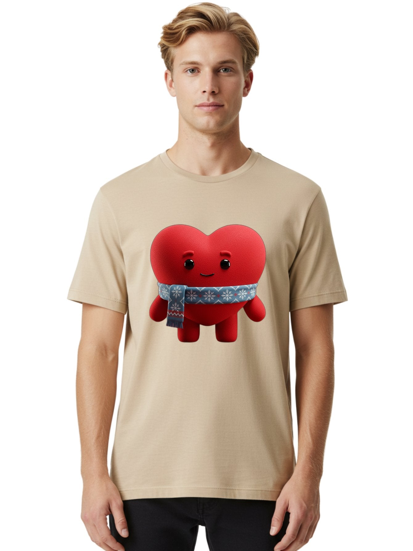 Heart-Character-2 Men'S Graphic Tee, 100% Cotton, Comfortable Casual Summer Wear, Machine Washable, Heart Character, Red Heart, Snowflake Scarf, Winter Theme, Cute Character, Love Symbol, Festive Design, Cartoon Heart, Smiling Face Bae038 22