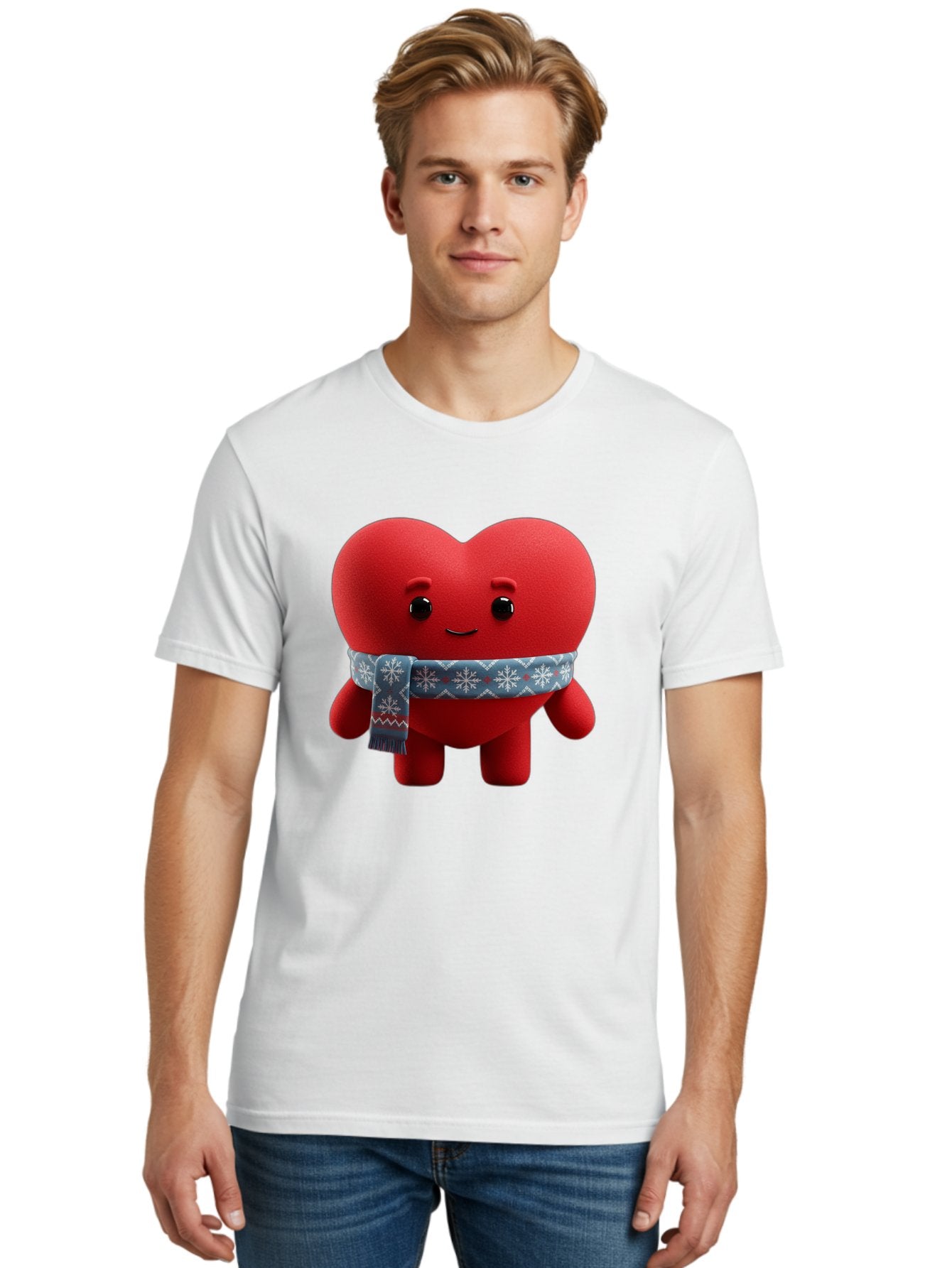 Heart-Character-2 Men'S Graphic Tee, 100% Cotton, Comfortable Casual Summer Wear, Machine Washable, Heart Character, Red Heart, Snowflake Scarf, Winter Theme, Cute Character, Love Symbol, Festive Design, Cartoon Heart, Smiling Face Bae038 20