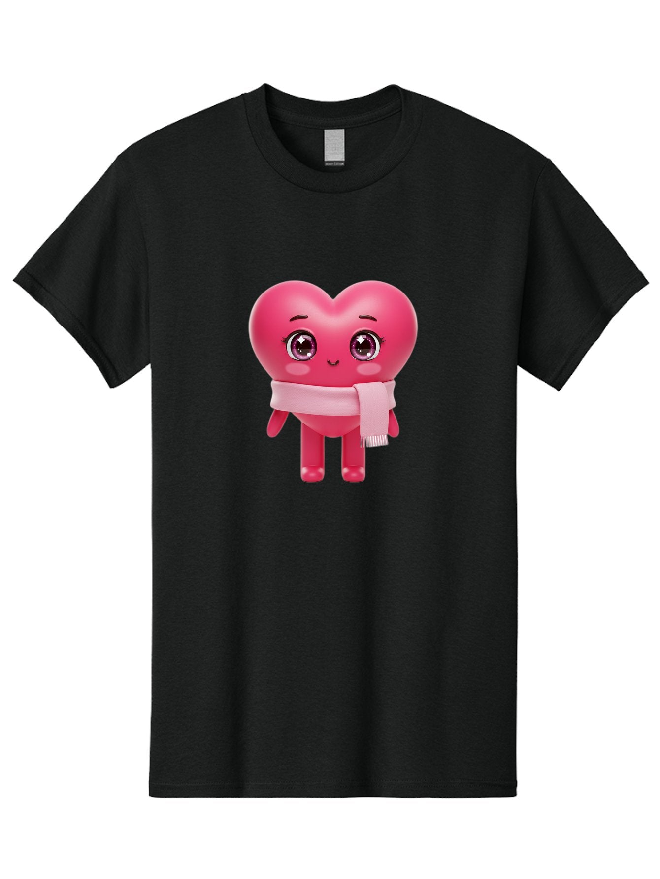Heart-Character Men'S Graphic Tee, 100% Cotton, Comfortable Casual Summer Wear, Machine Washable, Pink Heart Character, 3D Cartoon Character, Cute Face, Large Eyes, Pink Scarf, Adorable Expression, Cartoon Style, Heart Shape, Digital Art, Bae039 12