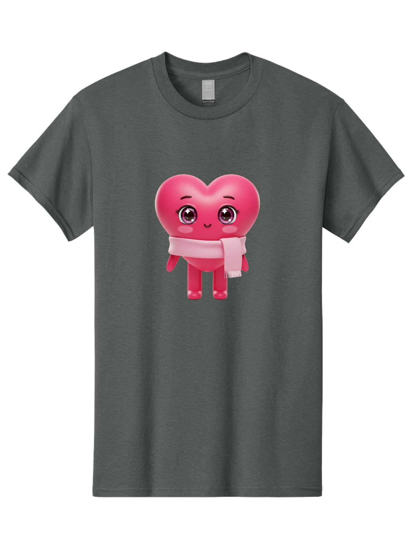 Heart-Character Men'S Graphic Tee, 100% Cotton, Comfortable Casual Summer Wear, Machine Washable, Pink Heart Character, 3D Cartoon Character, Cute Face, Large Eyes, Pink Scarf, Adorable Expression, Cartoon Style, Heart Shape, Digital Art, Bae039 3