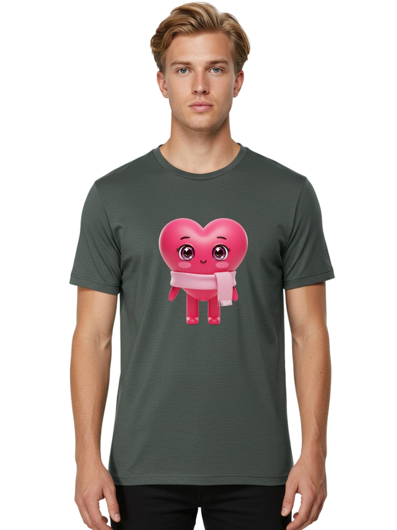 Heart-Character Men'S Graphic Tee, 100% Cotton, Comfortable Casual Summer Wear, Machine Washable, Pink Heart Character, 3D Cartoon Character, Cute Face, Large Eyes, Pink Scarf, Adorable Expression, Cartoon Style, Heart Shape, Digital Art, Bae039 22