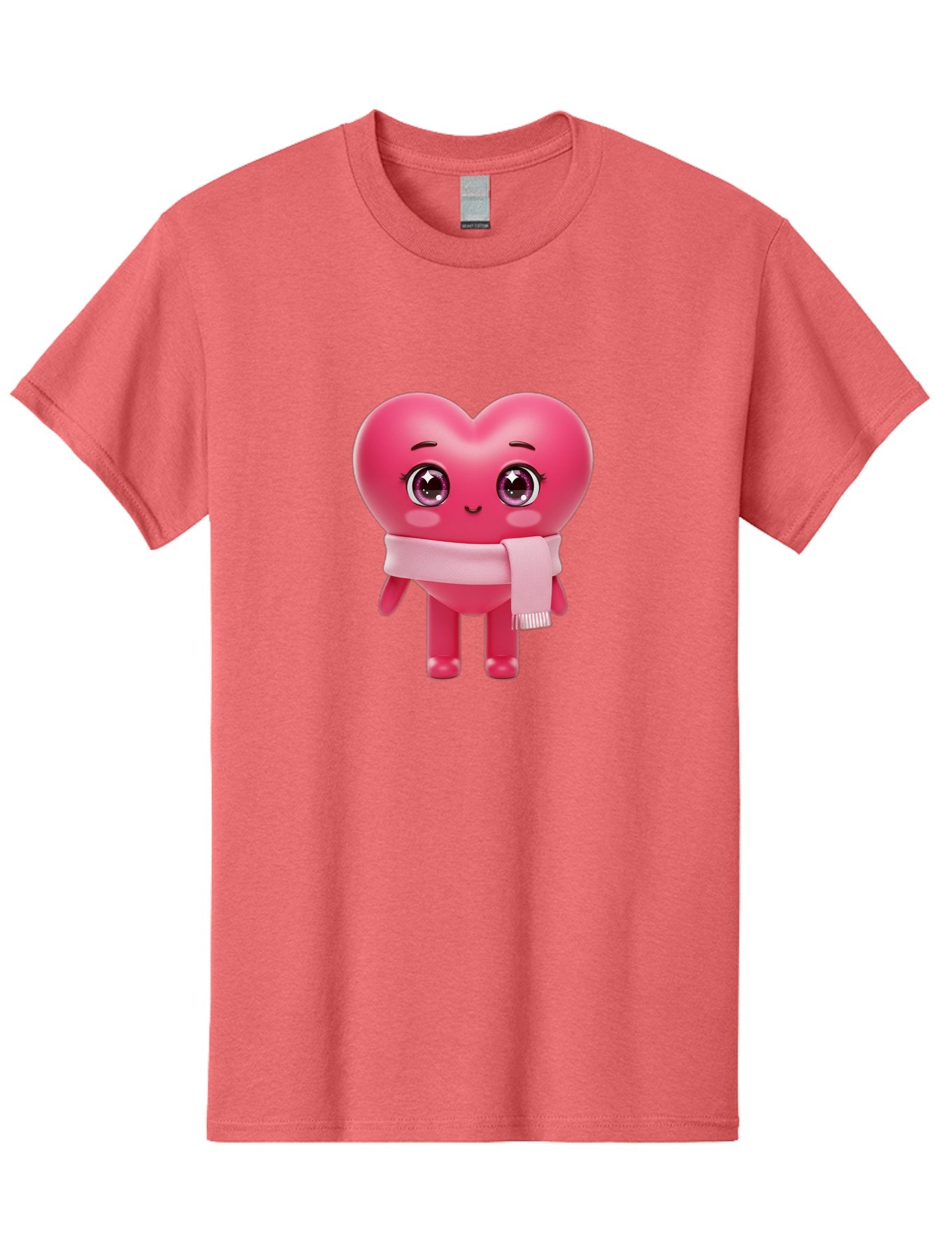 Heart-Character Men'S Graphic Tee, 100% Cotton, Comfortable Casual Summer Wear, Machine Washable, Pink Heart Character, 3D Cartoon Character, Cute Face, Large Eyes, Pink Scarf, Adorable Expression, Cartoon Style, Heart Shape, Digital Art, Bae039