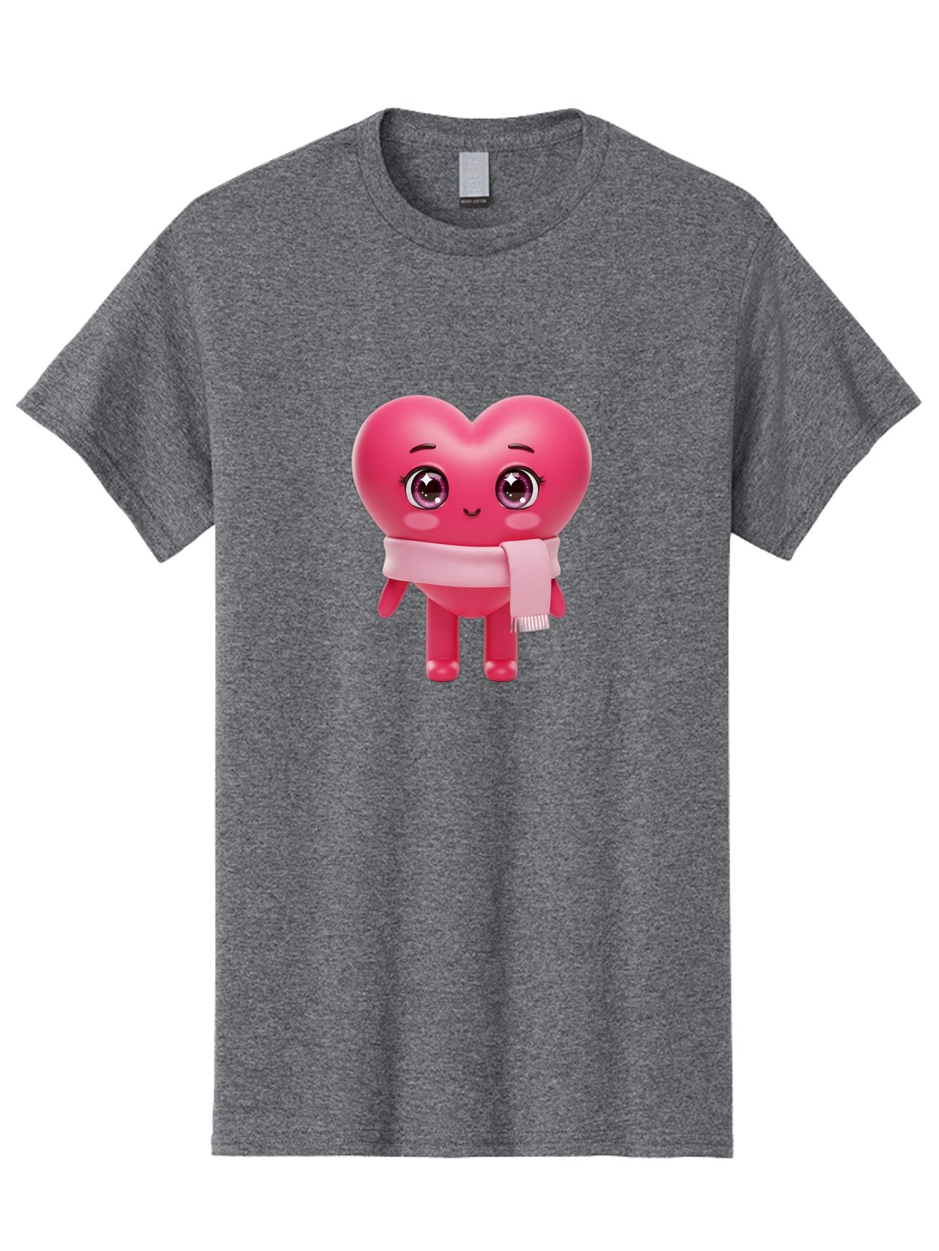 Heart-Character Men'S Graphic Tee, 100% Cotton, Comfortable Casual Summer Wear, Machine Washable, Pink Heart Character, 3D Cartoon Character, Cute Face, Large Eyes, Pink Scarf, Adorable Expression, Cartoon Style, Heart Shape, Digital Art, Bae039 8