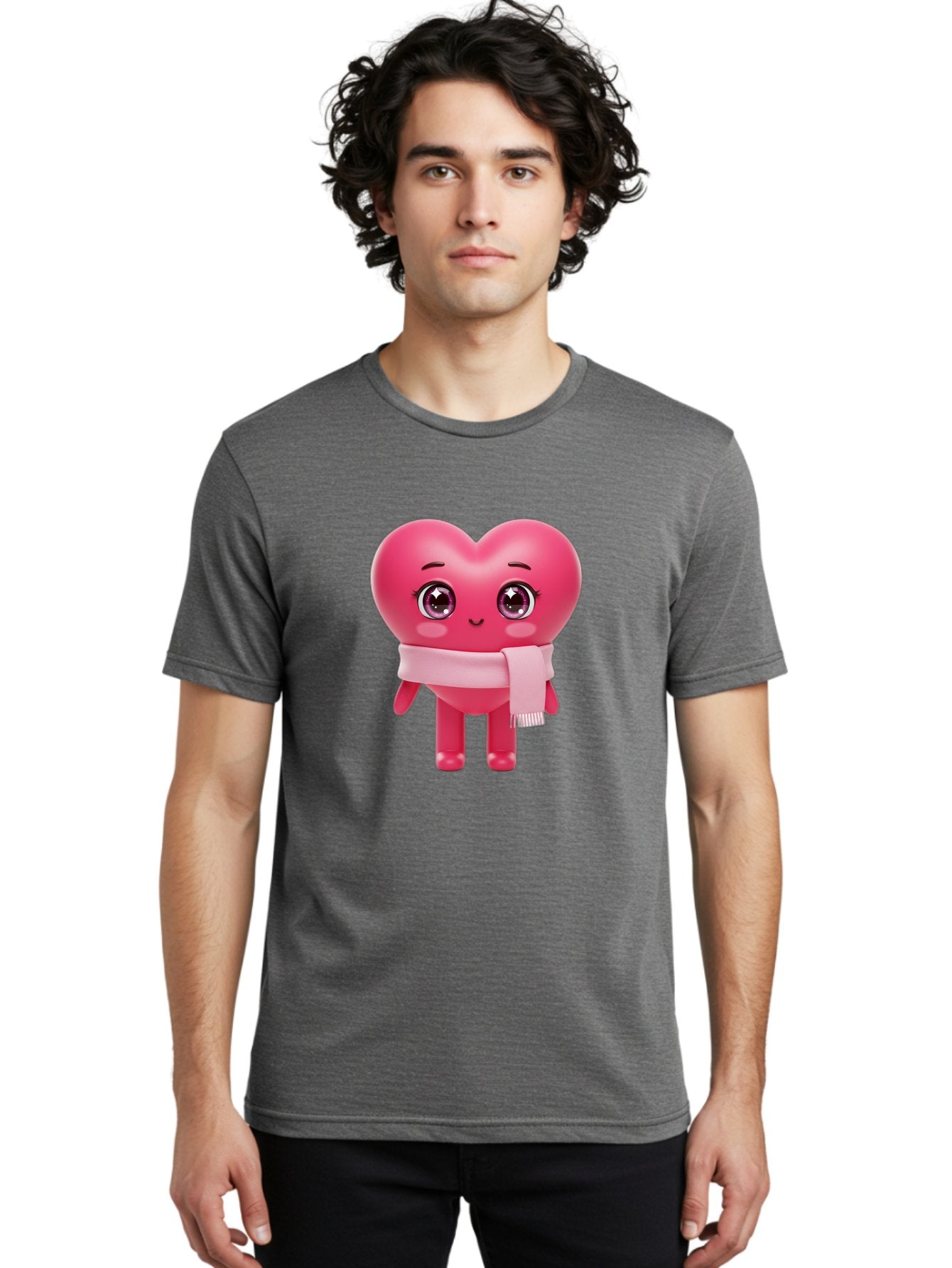 Heart-Character Men'S Graphic Tee, 100% Cotton, Comfortable Casual Summer Wear, Machine Washable, Pink Heart Character, 3D Cartoon Character, Cute Face, Large Eyes, Pink Scarf, Adorable Expression, Cartoon Style, Heart Shape, Digital Art, Bae039 25
