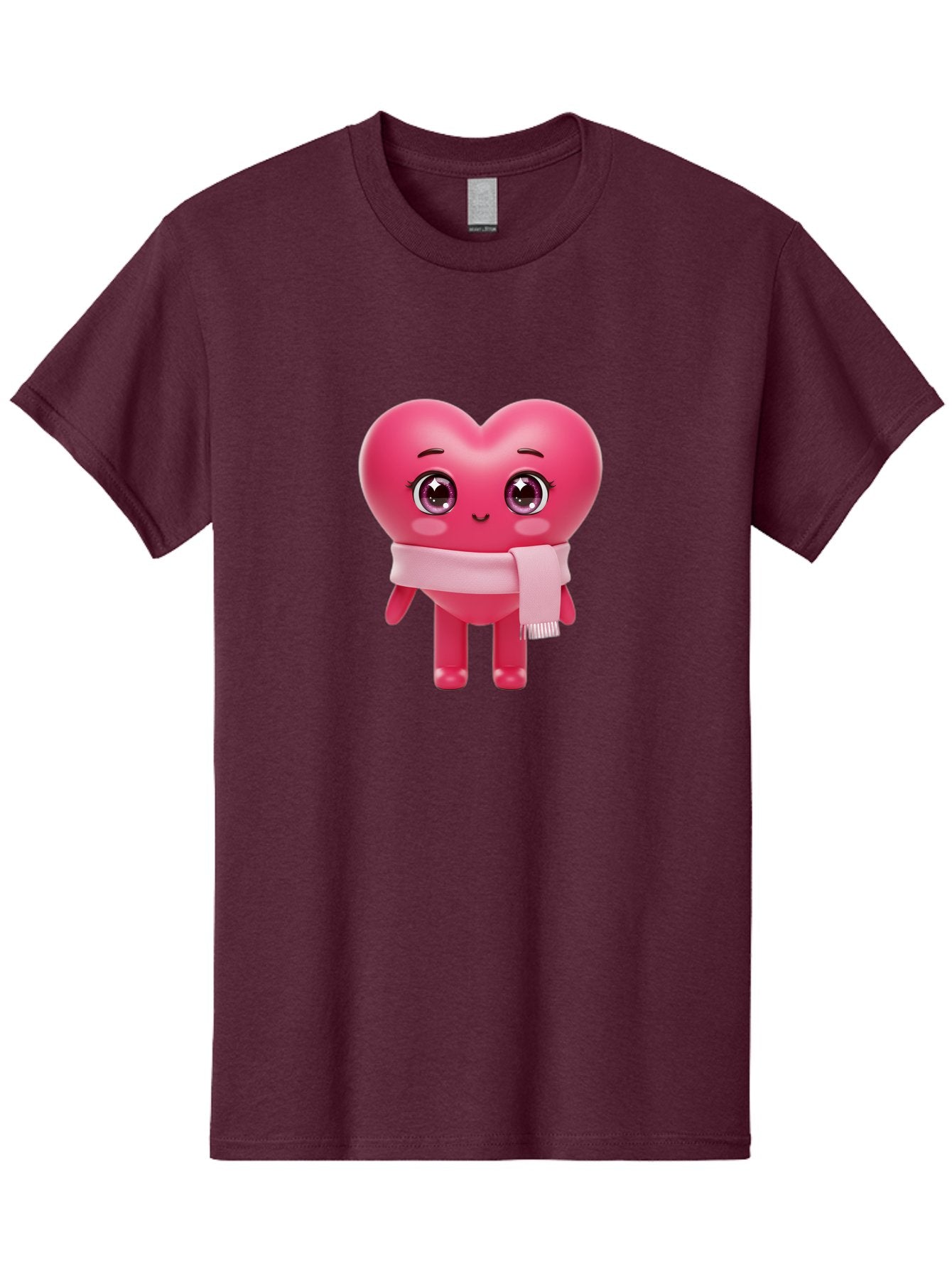 Heart-Character Men'S Graphic Tee, 100% Cotton, Comfortable Casual Summer Wear, Machine Washable, Pink Heart Character, 3D Cartoon Character, Cute Face, Large Eyes, Pink Scarf, Adorable Expression, Cartoon Style, Heart Shape, Digital Art, Bae039 11