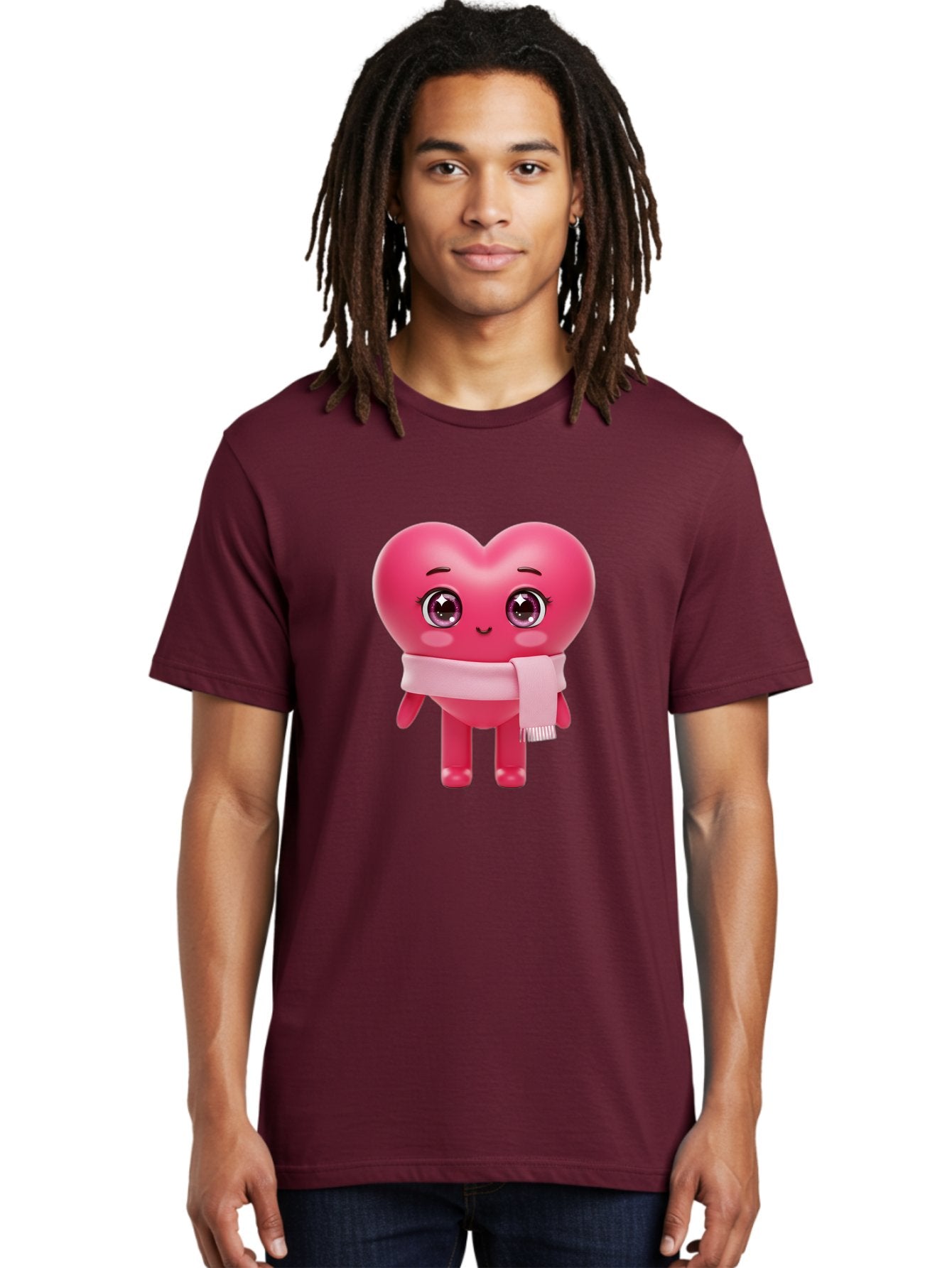 Heart-Character Men'S Graphic Tee, 100% Cotton, Comfortable Casual Summer Wear, Machine Washable, Pink Heart Character, 3D Cartoon Character, Cute Face, Large Eyes, Pink Scarf, Adorable Expression, Cartoon Style, Heart Shape, Digital Art, Bae039 27