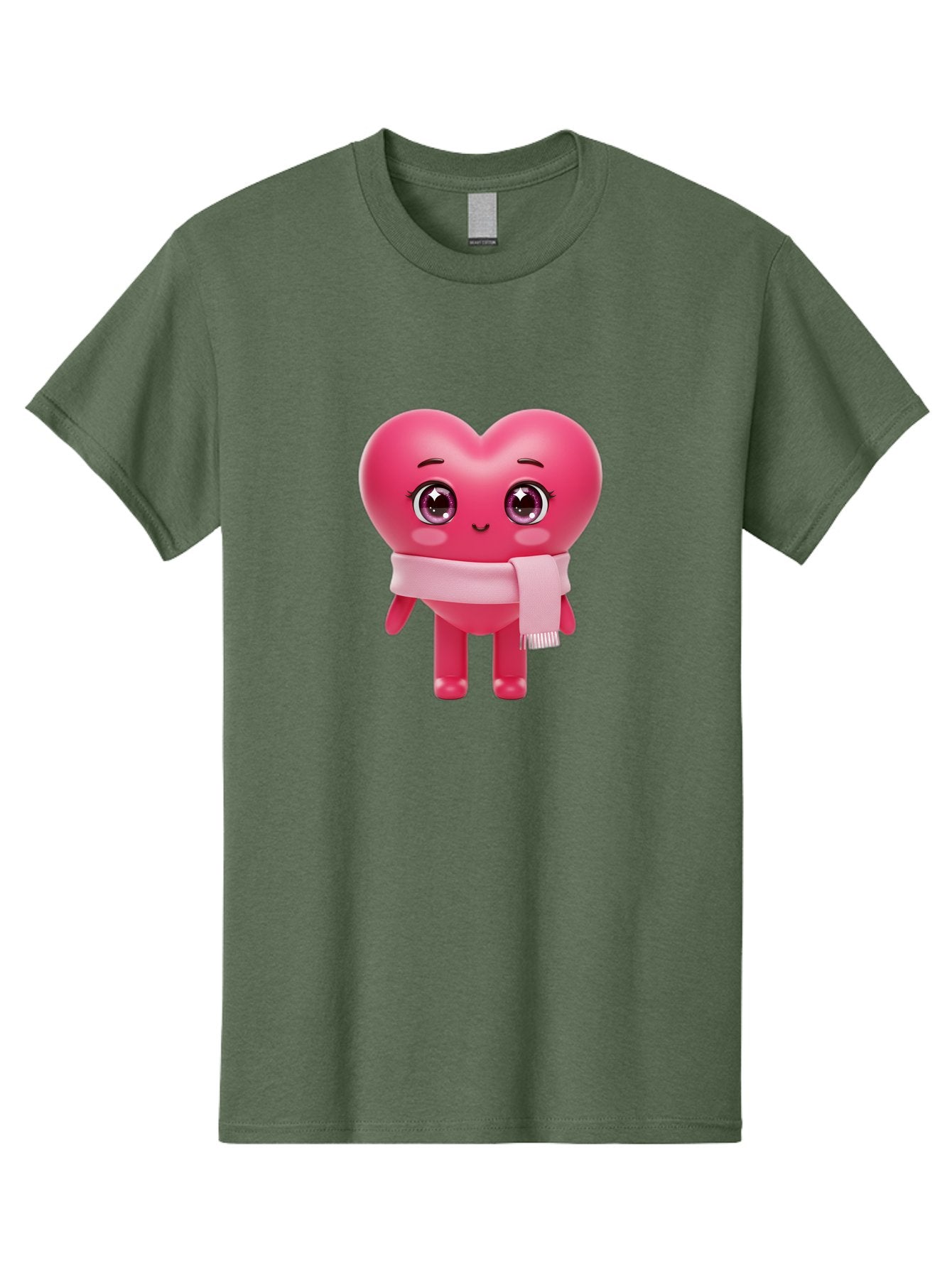 Heart-Character Men'S Graphic Tee, 100% Cotton, Comfortable Casual Summer Wear, Machine Washable, Pink Heart Character, 3D Cartoon Character, Cute Face, Large Eyes, Pink Scarf, Adorable Expression, Cartoon Style, Heart Shape, Digital Art, Bae039 9