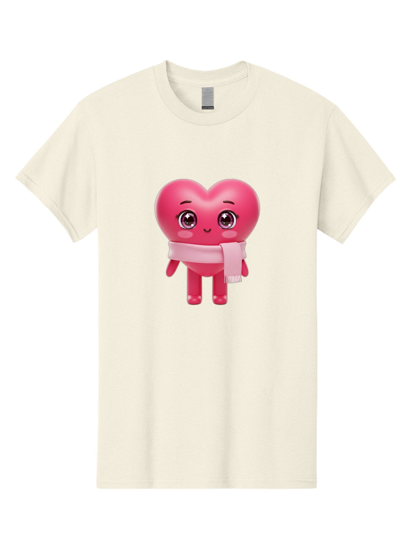 Heart-Character Men'S Graphic Tee, 100% Cotton, Comfortable Casual Summer Wear, Machine Washable, Pink Heart Character, 3D Cartoon Character, Cute Face, Large Eyes, Pink Scarf, Adorable Expression, Cartoon Style, Heart Shape, Digital Art, Bae039 13