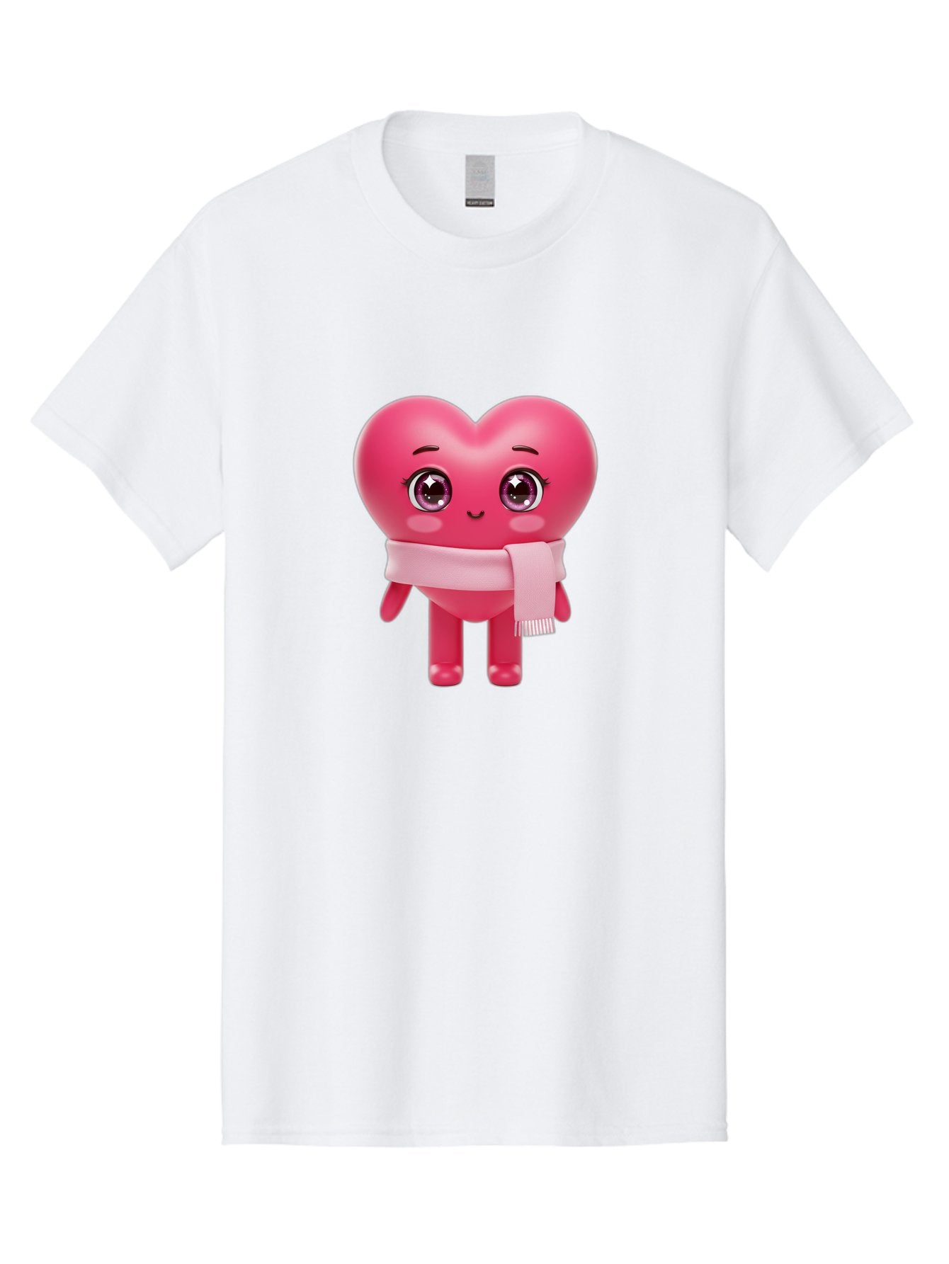 Heart-Character Men'S Graphic Tee, 100% Cotton, Comfortable Casual Summer Wear, Machine Washable, Pink Heart Character, 3D Cartoon Character, Cute Face, Large Eyes, Pink Scarf, Adorable Expression, Cartoon Style, Heart Shape, Digital Art, Bae039 6