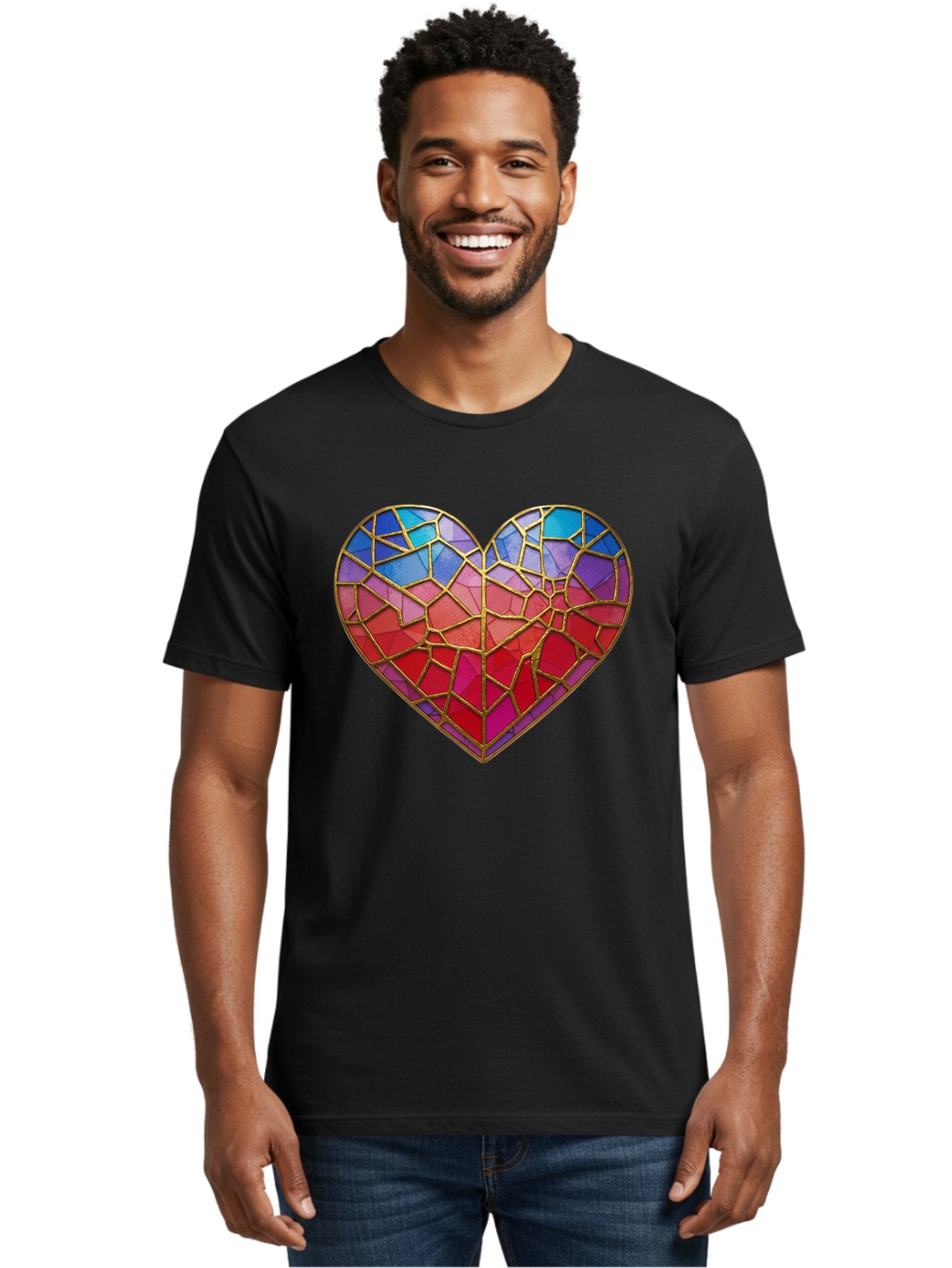 Heart-Mosaic Men'S Graphic Tee, 100% Cotton, Comfortable Casual Summer Wear, Machine Washable, Mosaic Art, Stained Glass Heart, Vibrant Colors, Gold Accents, Love Symbol, Artistic Expression, Colorful Mosaic, Heart Shape Bae040 24