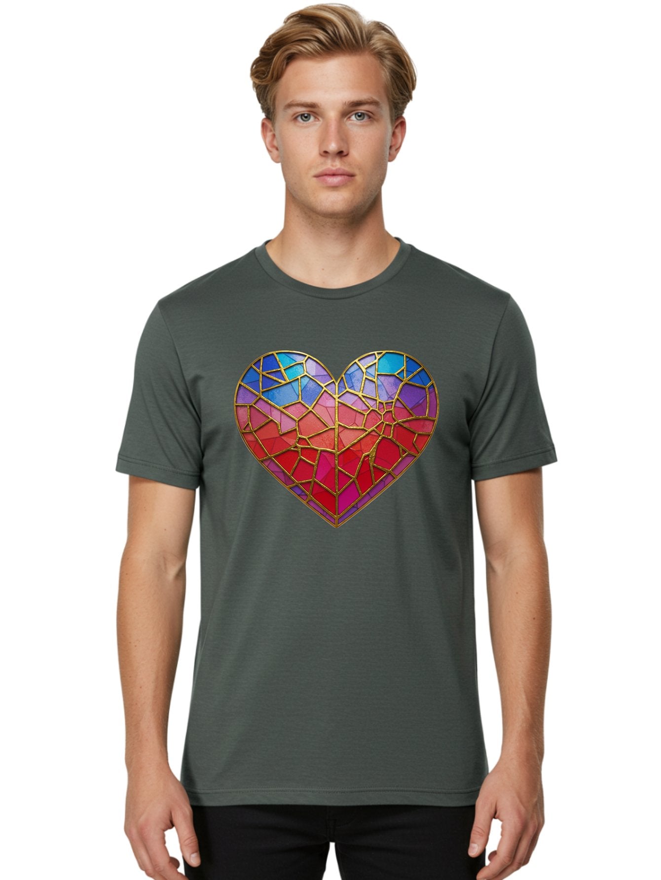 Heart-Mosaic Men'S Graphic Tee, 100% Cotton, Comfortable Casual Summer Wear, Machine Washable, Mosaic Art, Stained Glass Heart, Vibrant Colors, Gold Accents, Love Symbol, Artistic Expression, Colorful Mosaic, Heart Shape Bae040 29