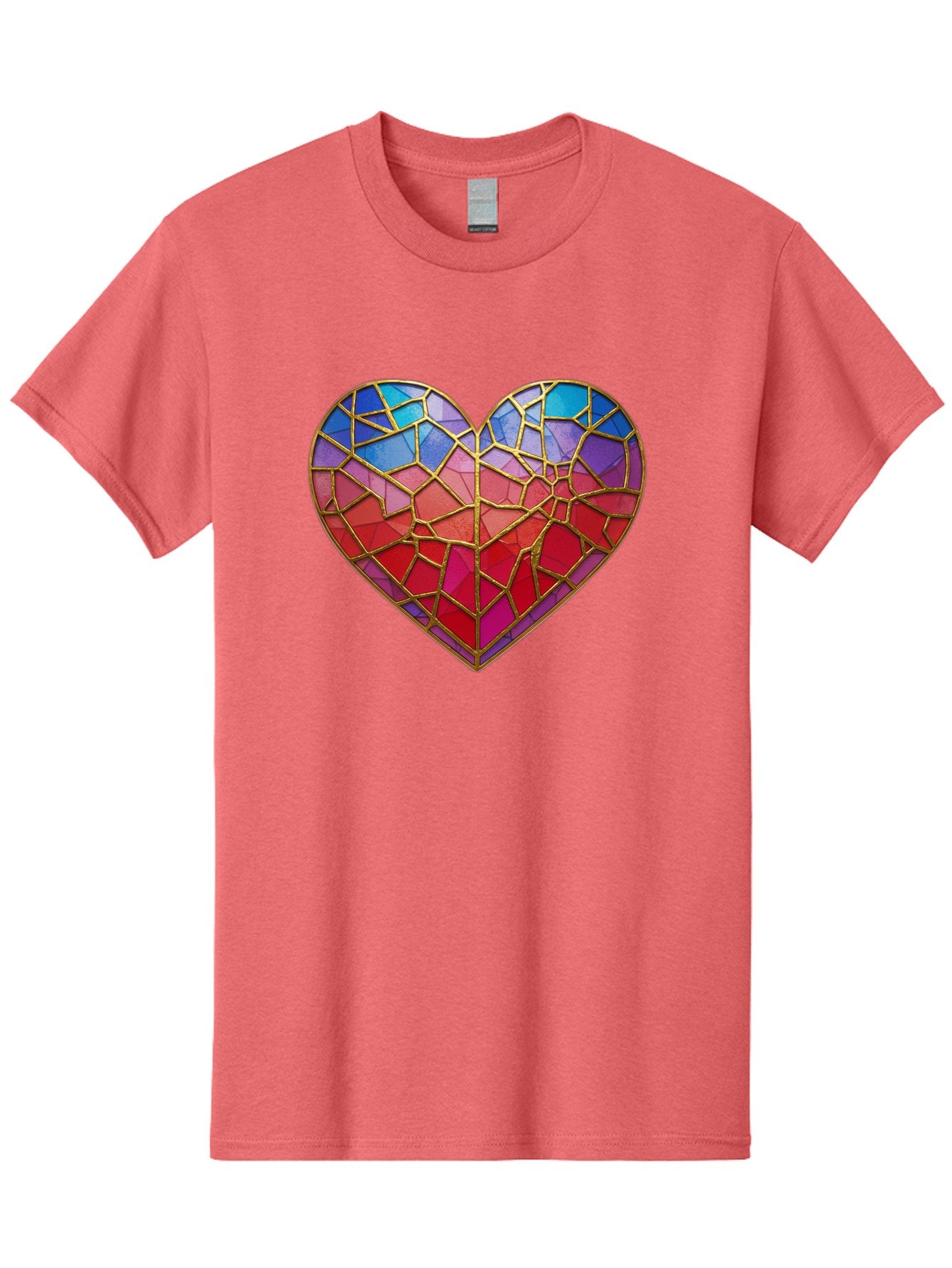 Heart-Mosaic Men'S Graphic Tee, 100% Cotton, Comfortable Casual Summer Wear, Machine Washable, Mosaic Art, Stained Glass Heart, Vibrant Colors, Gold Accents, Love Symbol, Artistic Expression, Colorful Mosaic, Heart Shape Bae040 15